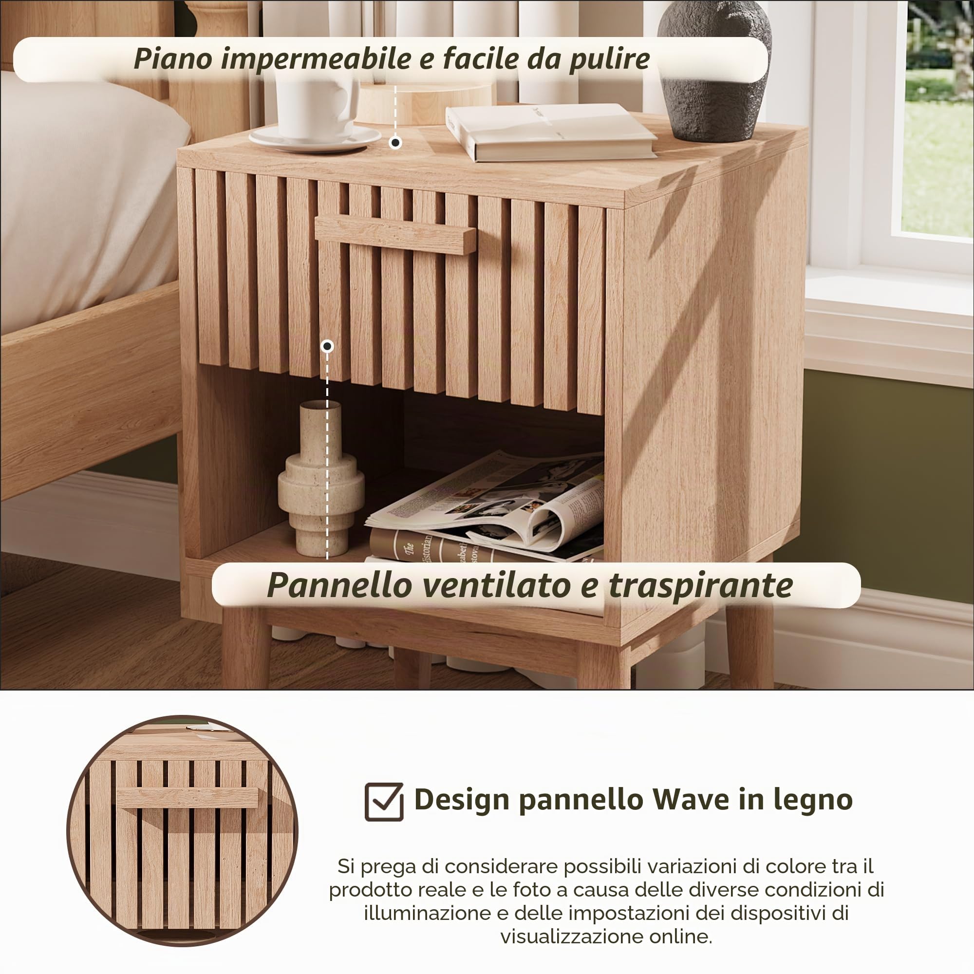 Set di 2 comodini da notte con cassetti e ripiano aperto, tavolino in legno con spazio di archiviazione, comodini moderni in stile boho per camera da letto, soggiorno, 40x35x55cm, colore