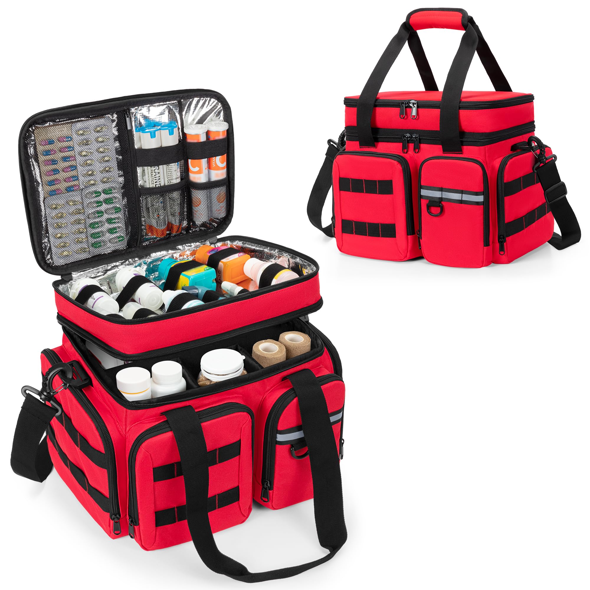 Marscamd Medicine Organizer Bag with Insulated Pocket for Travel Pill Bottle Storage Bag with 4 Customized Dividers Shoulder