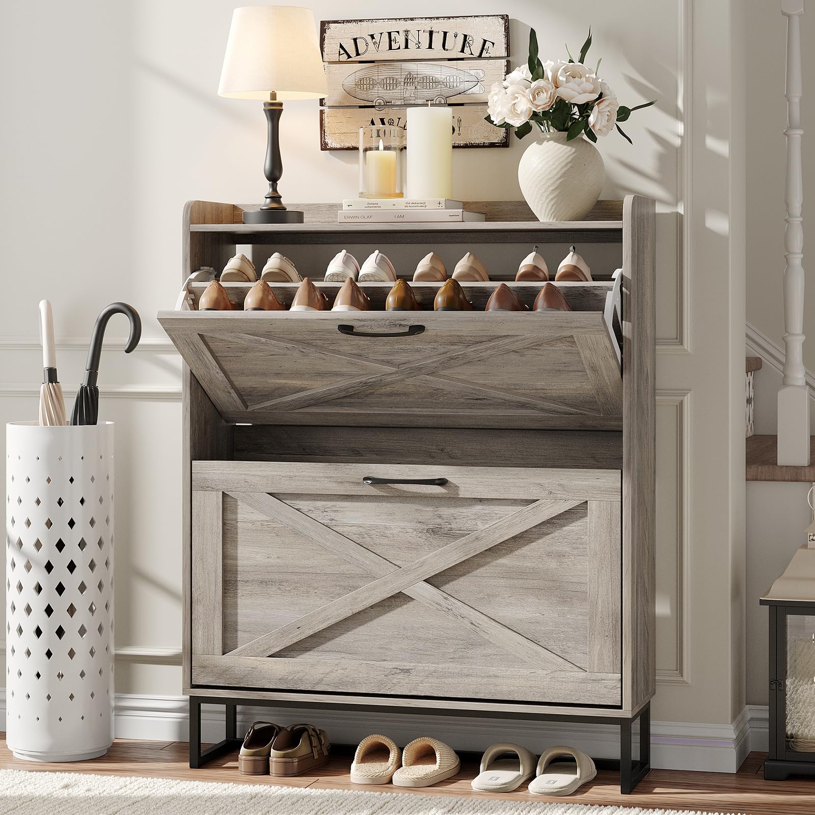 Maupvit Shoe Cabinet with 2 Flip Drawers, Freestanding Shoe Cabinet Organizer with Metal Legs, Shoes Storage Cabinet for Entryway, Narrow Shoe Rack