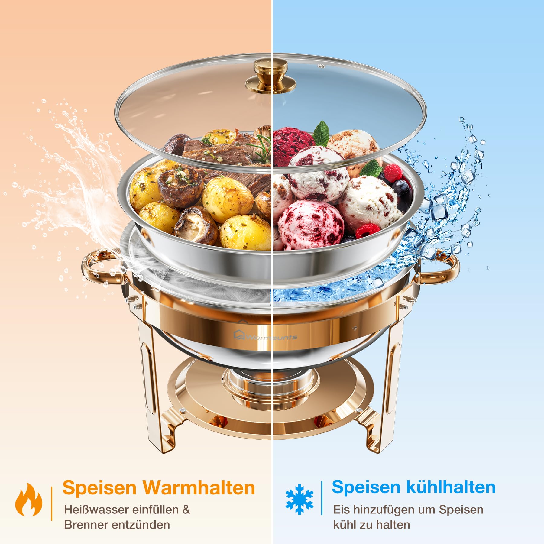 WARMOUNTS Chafing Dish Buffet 5L 2er Set Rose Gold, Rund Speisenwärmer für Catering mit Glasdeckel & Deckelhalter, Stapelbar Hochglanzpoliert Edelstahl Lebensmittelecht für Feiern, Hochzeit, Events