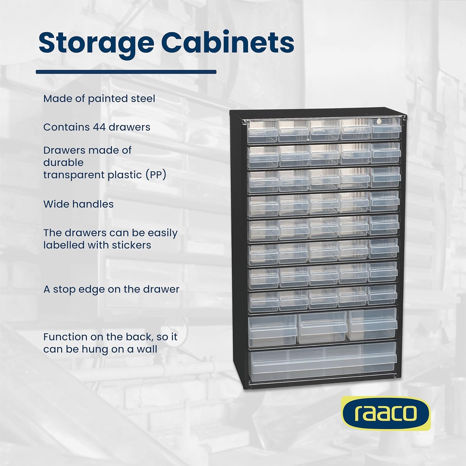 Raaco Steel Storage Cabinet, Tall 44-Drawer, Clear Polypropylene Plastic Drawer – Small Parts Organizer, Screws, Nuts & Bolts, Crafts & Hardware – Tool Cabinet for Workbench & Wall Storage (C11-44)