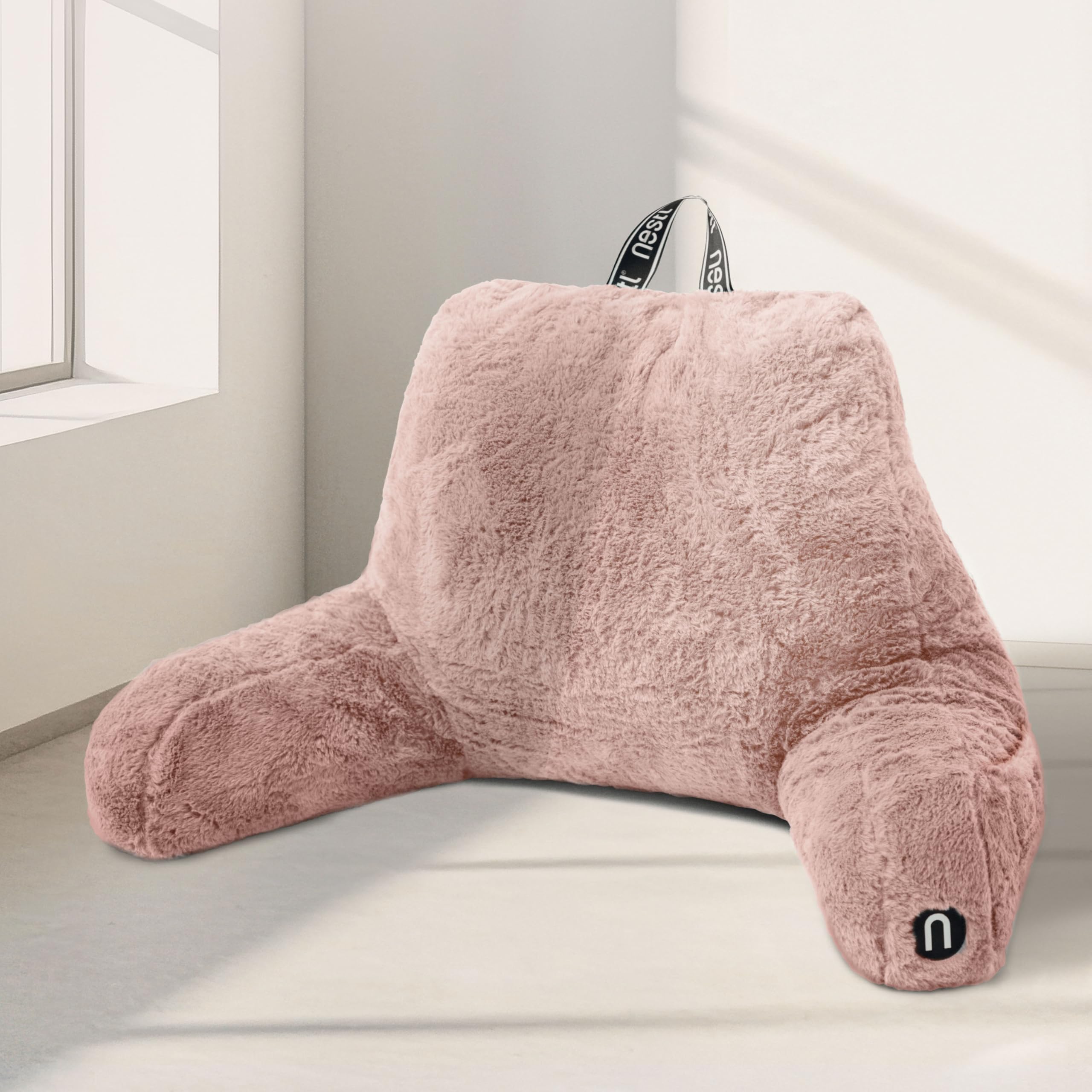 Nestl Fur Reading Pillow, Stylish Back Pillow for Bed Sitting Up, Faux Fur Bed Chair Pillow with Arms, Reading Pillows for Sitting in Bed Adult & Kids, Back Support Pillow for Bed Rest - Peach Beige