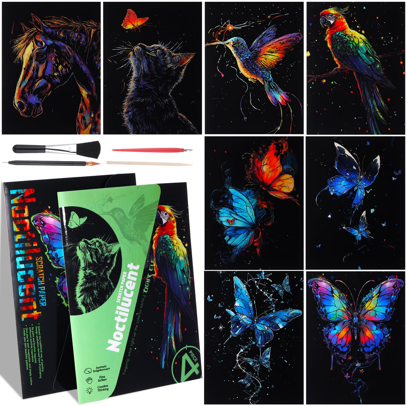 Gersoniel 8 Pack Glow in The Dark Scratch Paper for Adult Rainbow Painting Paper Sheet with Pen/Cleaning Brush Noctilucent Engraving Scratchboard for Adults Gift Craft for Gift, Asmr Stress Relief-image-4