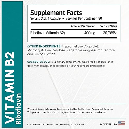 Miniatura 3 de ForestLeaf Vitamina B2 Riboflavina, 400 mg - 180 cápsulas - Sin OMG, suplemento dietético diario sin gluten