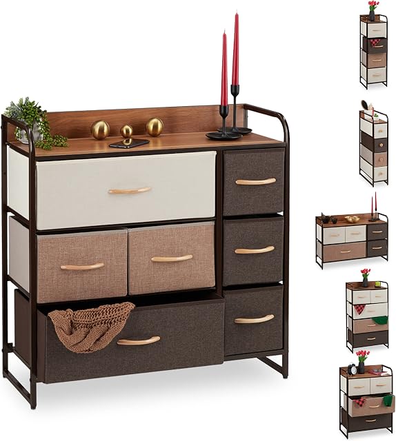 Relaxdays Dresser, 7 Drawer Compartments, with Shelf, 7 Folding Baskets, Fabric, Steel Frame, 79x80x31.5 cm, Brown, 79 x 80 x 31.5 cm