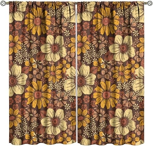 Miniatura 109 de Retro 70s Floral Blackout Window Curtains, Watercolor Flower Plant Rustic Modern Style Pattern Window Drapes, for Bedroom Living Room 42x45in 2