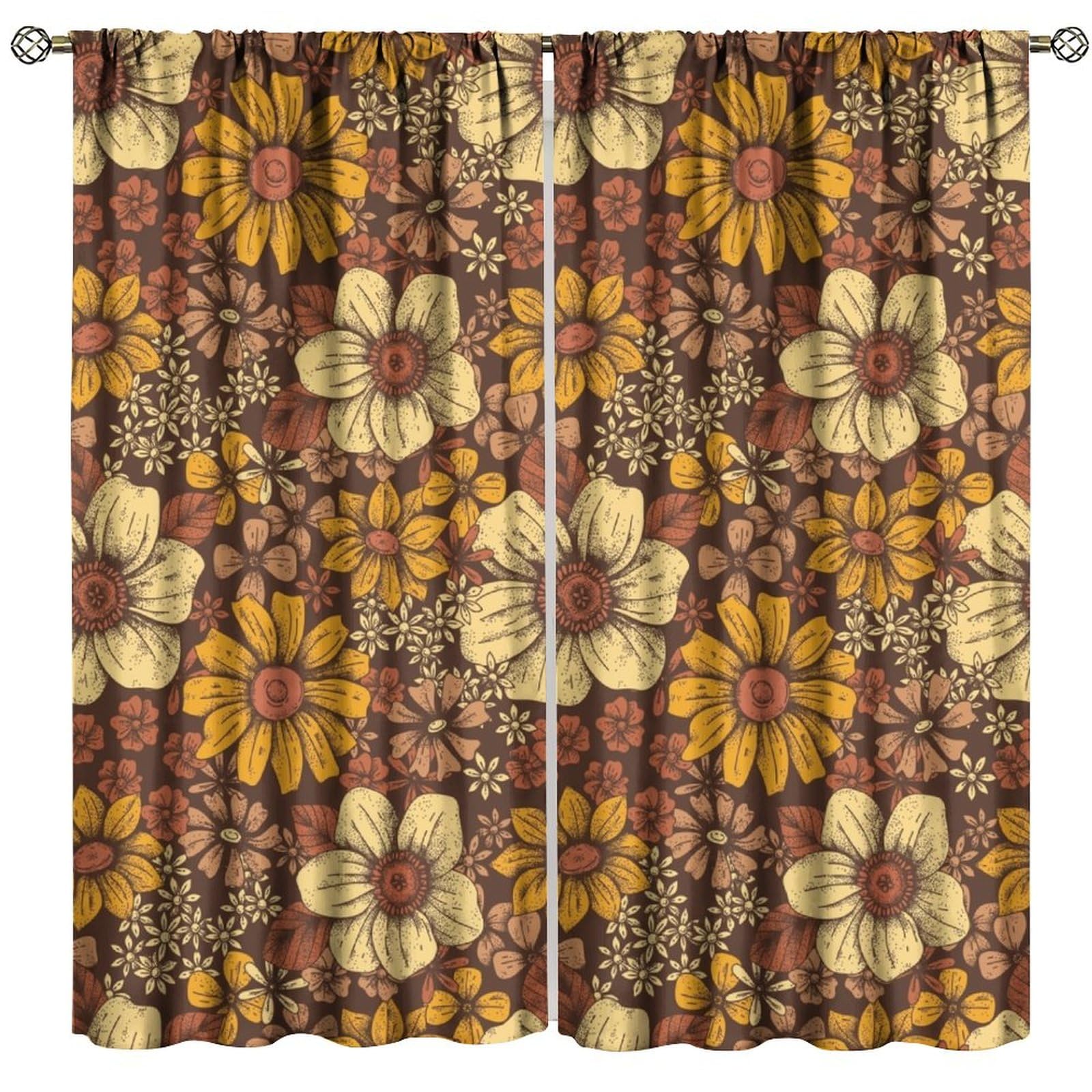 GoDazzling Rustic Farmhouse Vintage Floral Blackout Curtains, Bohemian Medieval Art Flowers Plants Pattern Window Drapes, for Bedroom Living Room 42x63in 2 Panels