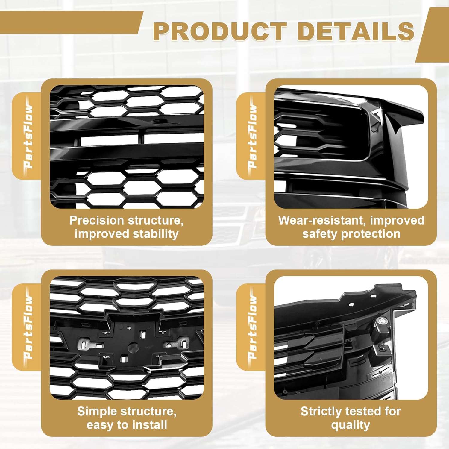 PartsFlow Front Bumper Grille Upper Honeycomb Grill Glossy Black For 2015 2016 2017 2018 2019 2020 Chevrolet Chevy Suburban Tahoe GM1200704 84724085 84724083