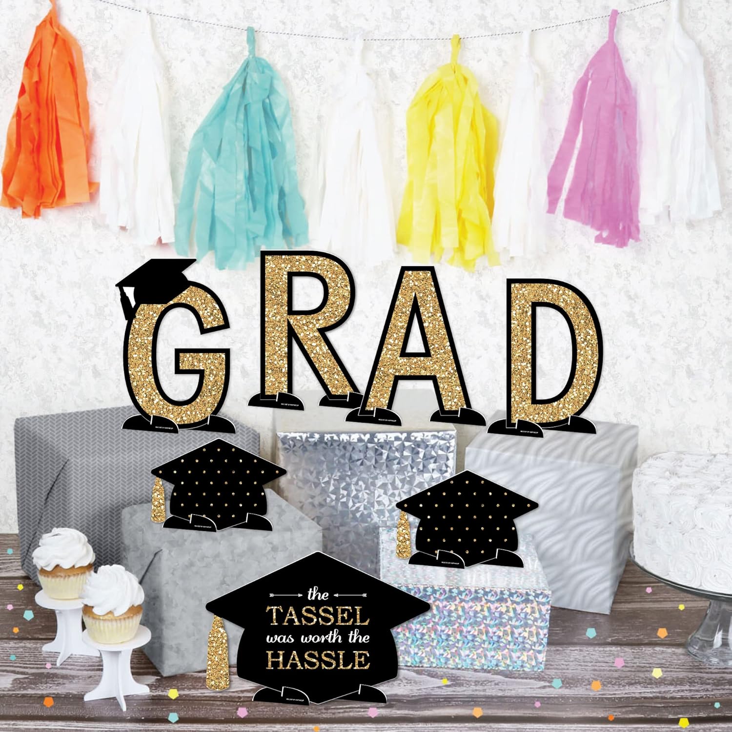 Big Dot of Happiness Gold Graduation Party Centerpiece Table Decorations - Tabletop Standups - 7 Pieces