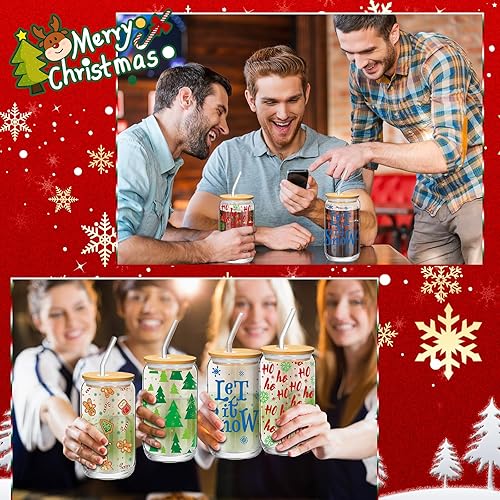 Miniatura 6 de Juego de 12 vasos de vidrio de Navidad con tapas de bambú y pajita, vasos de Navidad de 16 onzas, lata de helado de Navidad, lindos frascos de