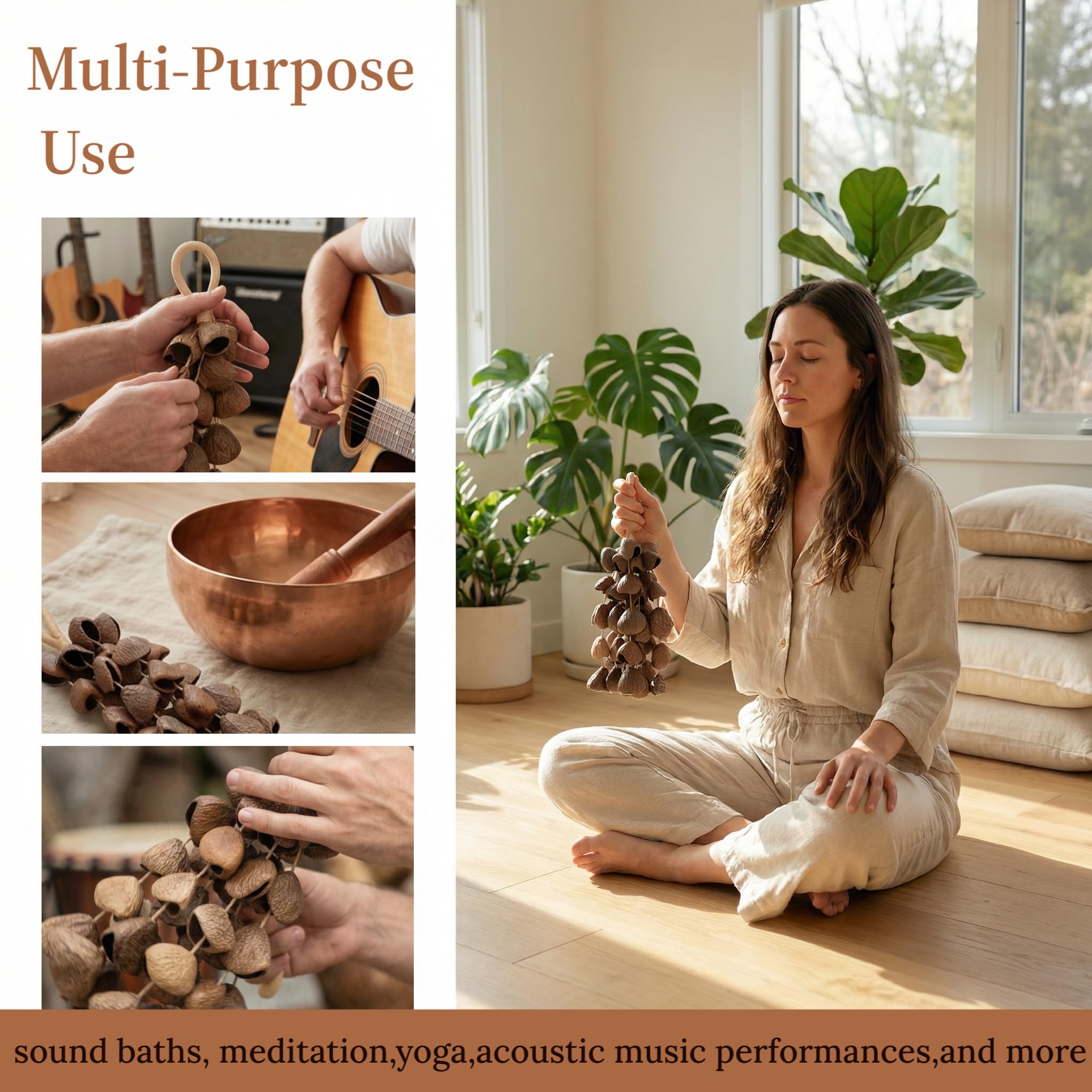 Hochets en coquillage naturels faits à la main pour bain sonore, ASMR, méditation, yoga, shaker de graines soulage l'anxiété et calme l'esprit, outil de guérison sonore facile à utiliser (pangi)