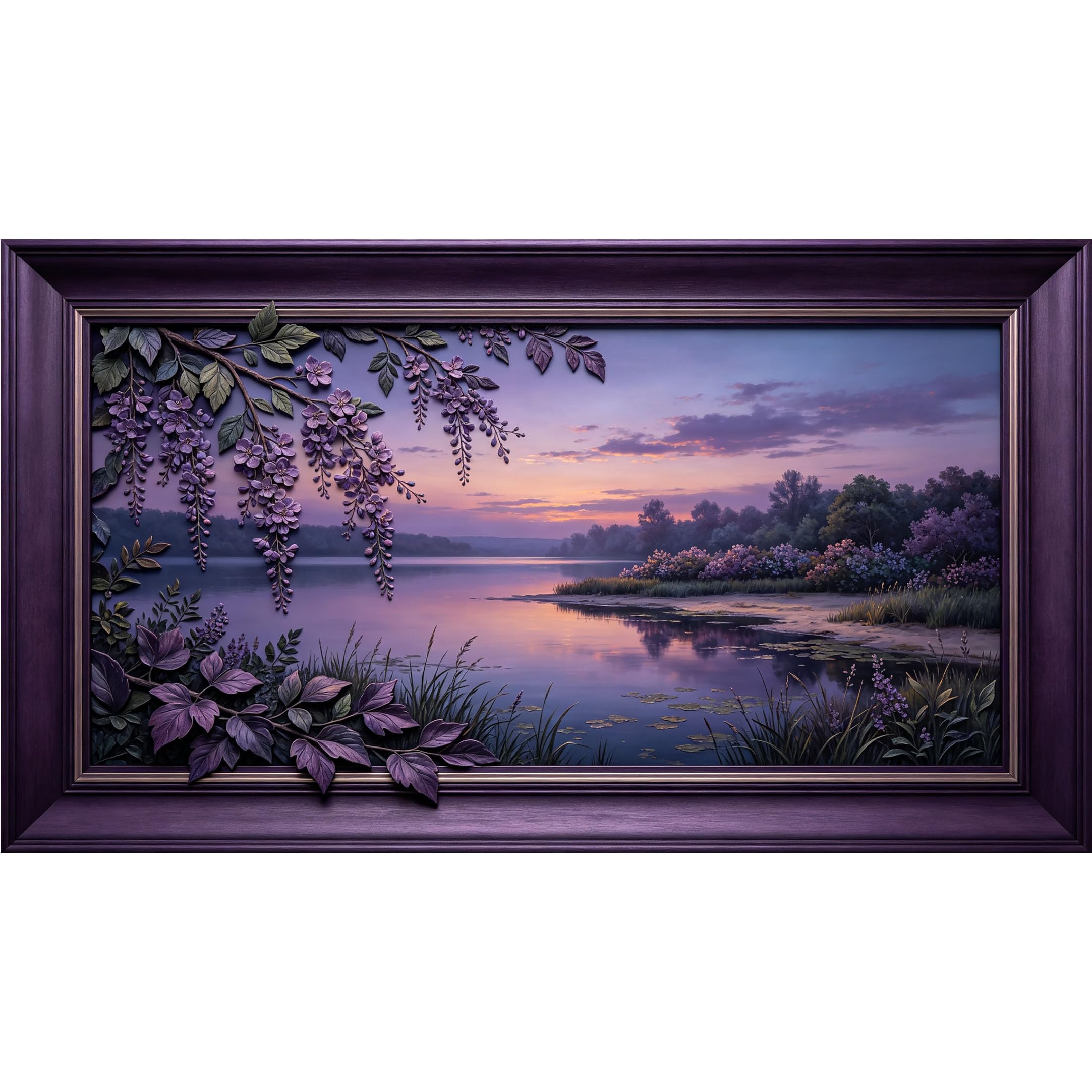 QZLITHOTIC 50×100cm 3D Framed Wall Art， Purple Wisteria Floral Lake Sunset Landscape Self?Adhesive Mural， Water?Activated Peel & Stick Fabric Decor Wall Decal for Bedroom Living Room