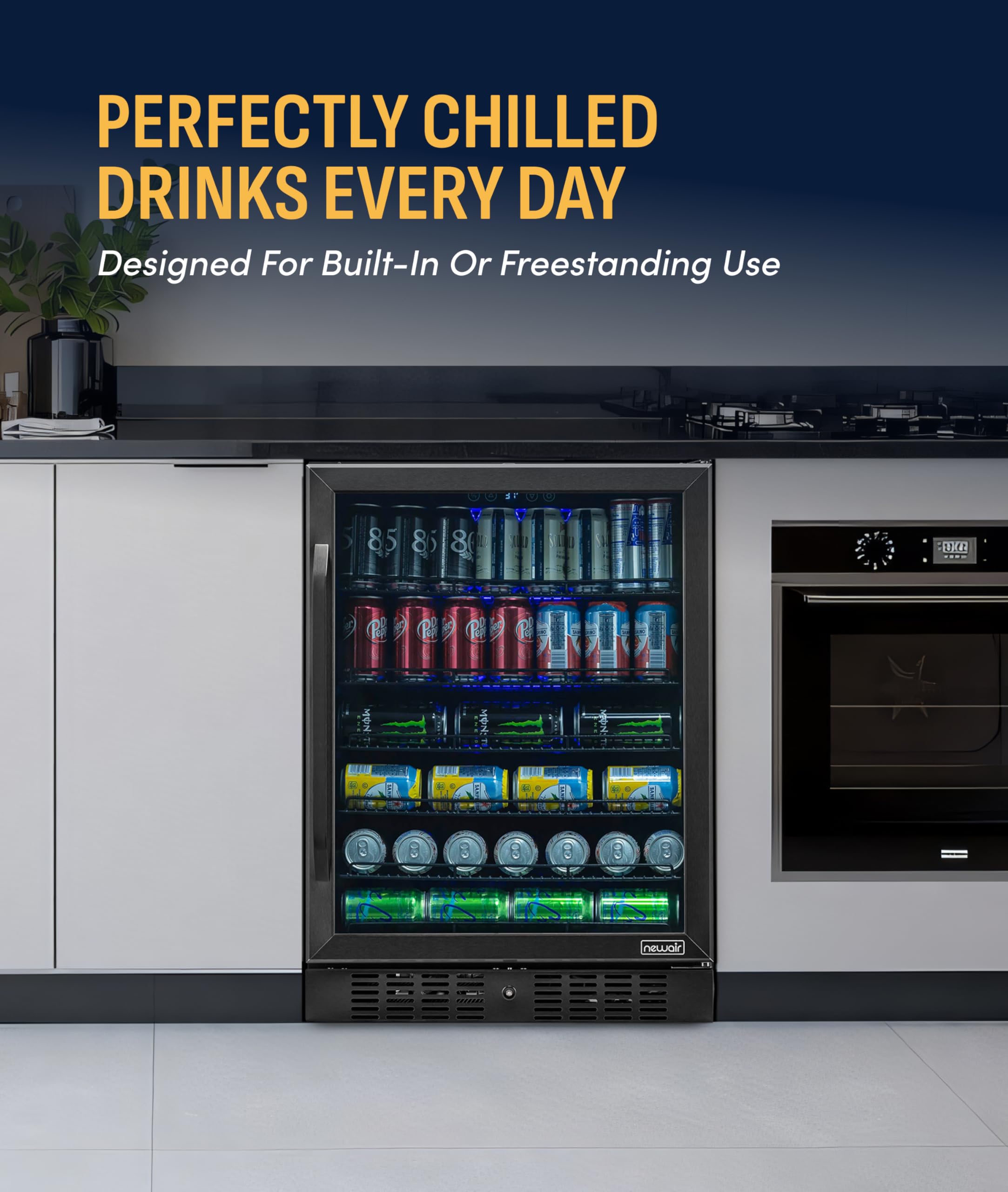NewAir Beverage Refrigerator With Glass Door | 177 Can Mini Fridge For Bedroom, Dorm, Office, Or Gaming Setup | Soda, Beer, And Wine Cooler | Black Stainless Steel on Fridge.com - View 2