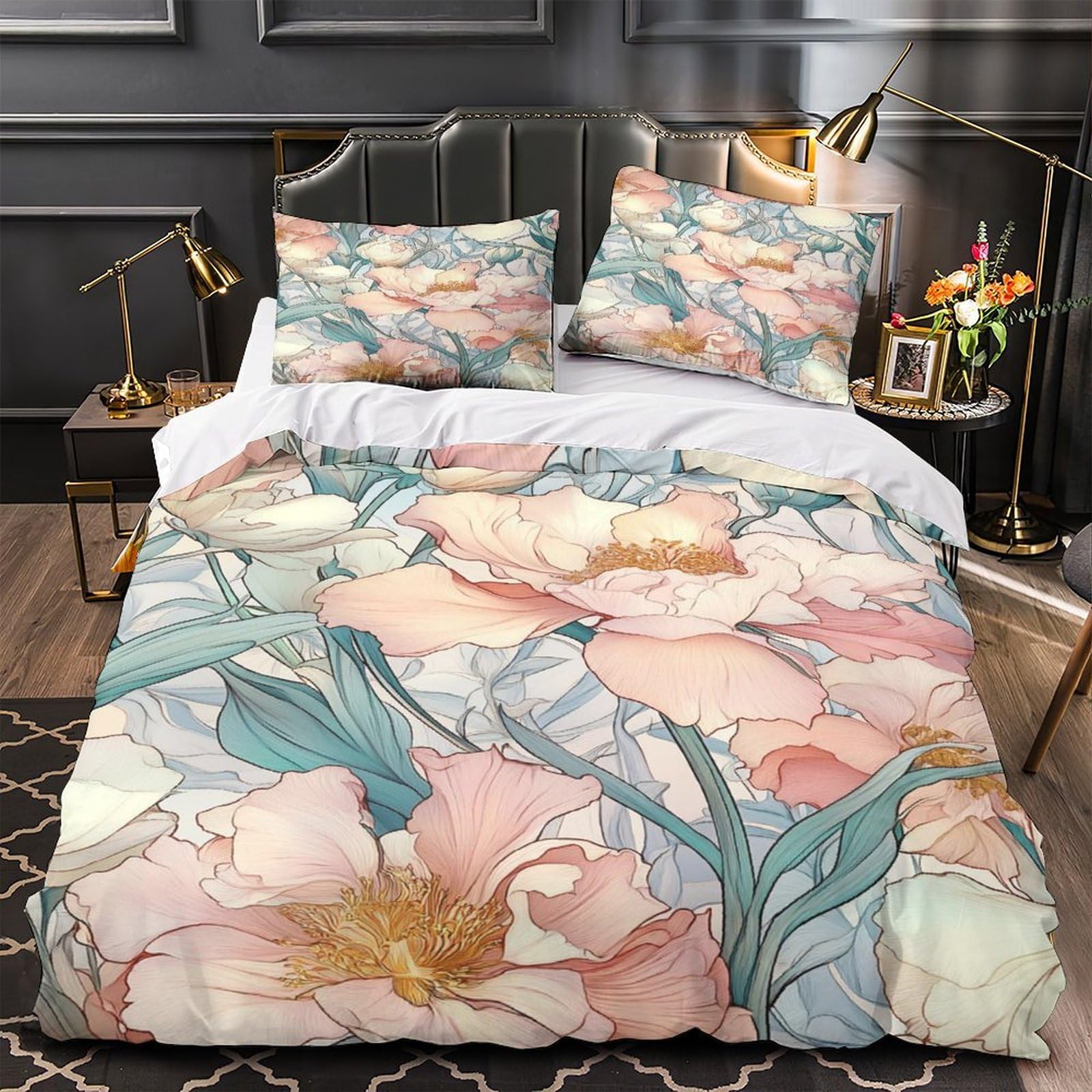 Housse de couette microfibre lavable motif floral 3D drap de couette pastel 200x200 avec 2 taies