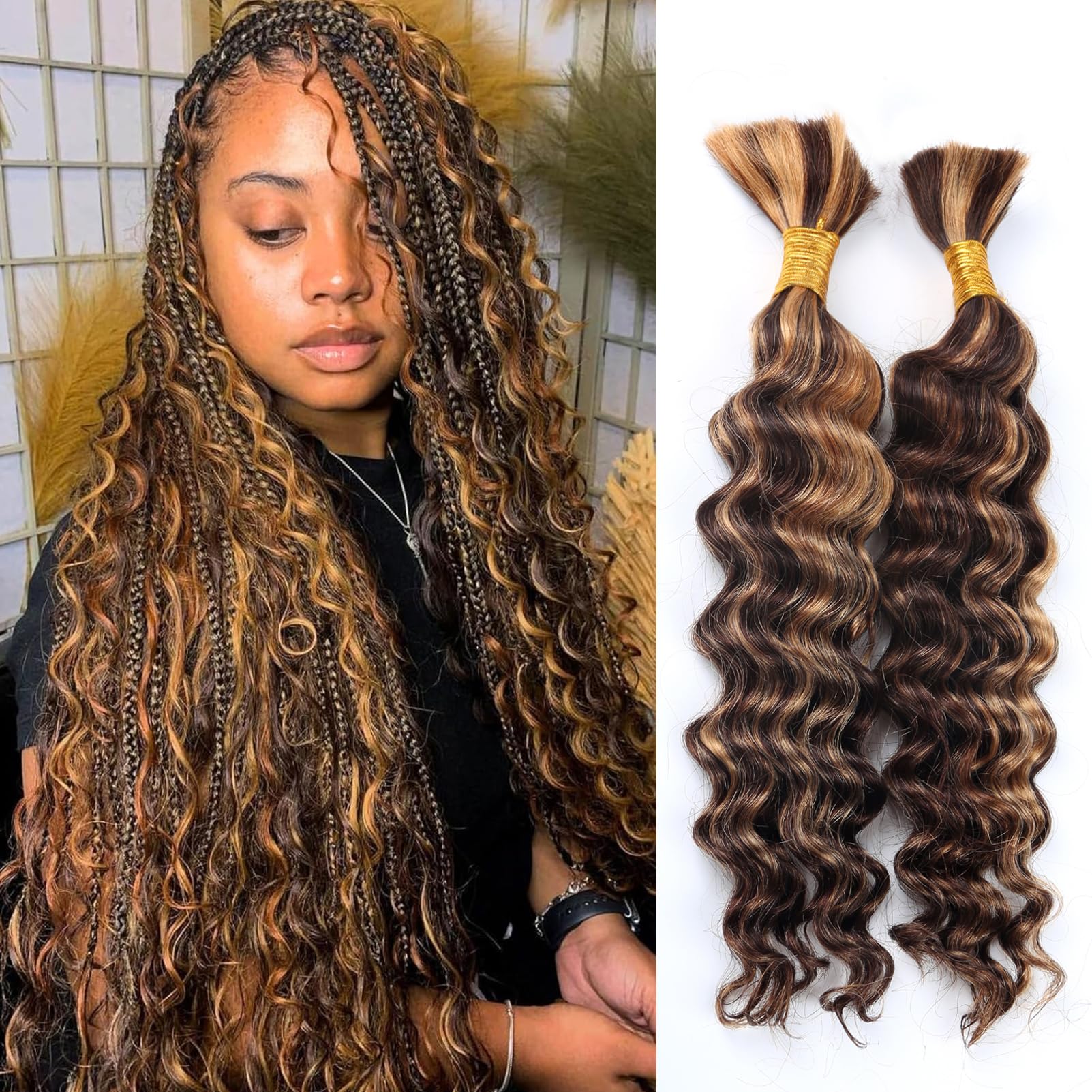 Human Braiding Hair for Boho Braids Highlight Deep Wave Bulk Human Hair for Braiding 14 Inch 2 Bundles 100G P430 Brazilian Wet and Wavy Curly Ombre
