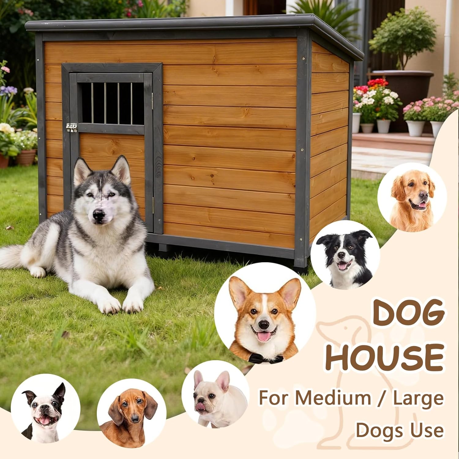 45” Outdoor Dog Houses with Door, Dog Houses Outdoor with Door Lock, Casa para Perros Grandes for Small to Large Dogs Indoor, Easy Assembly (Gray+Yellow)
