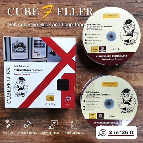 Miniatura 6 de Cubefeller Rollo de cinta de velcro con adhesivo, 2 pulgadas x 26 pies, color negro, tiras autoadhesivas resistentes de resistencia industrial,