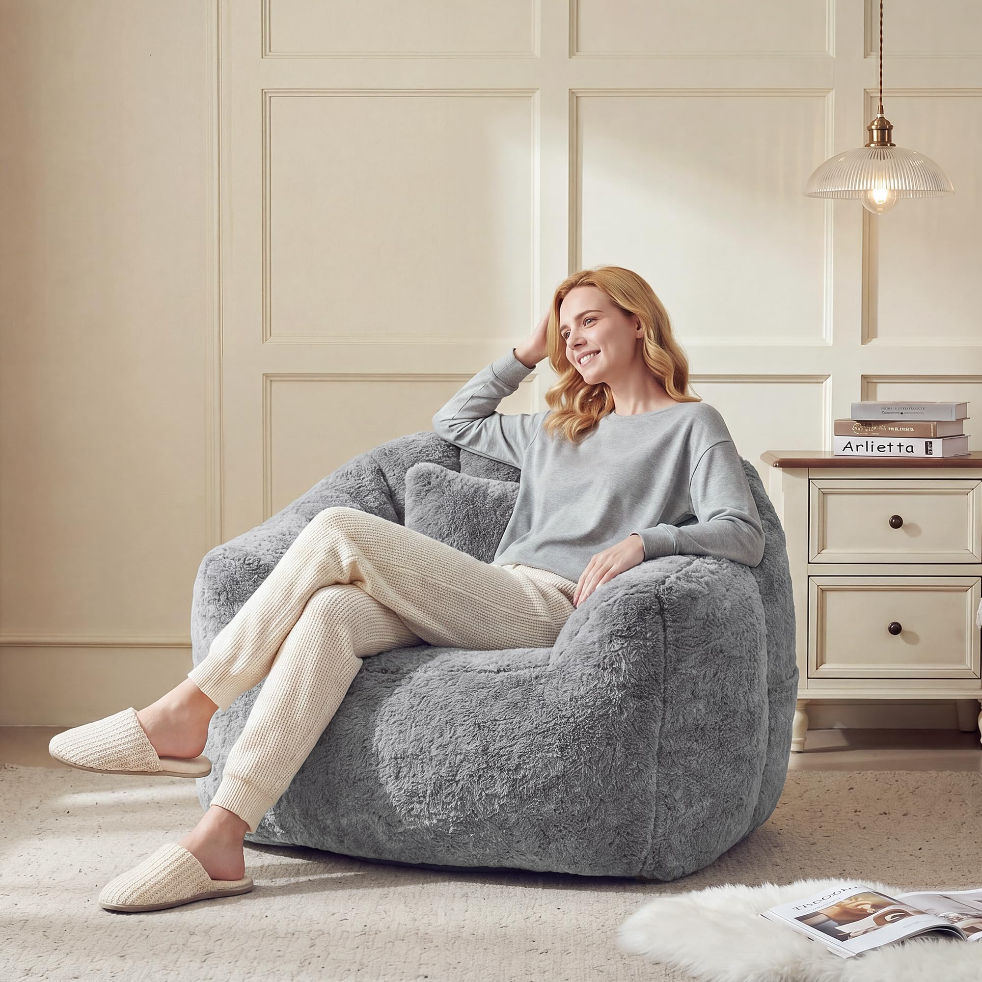 Pouf pour adultes, fauteuil lounge moelleux en fausse fourrure avec coussin, capacité de charge jusqu’à 160 kg, emballage sous vide & sans montage, pour salon, chambre, balcon, gris