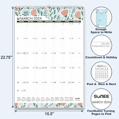 Miniatura 2 de SUNEE Calendario de pared grande 2024 (22.75 x 15.5 pulgadas) con líneas, calendario mensual de ahora a diciembre de 2024, calendario familiar