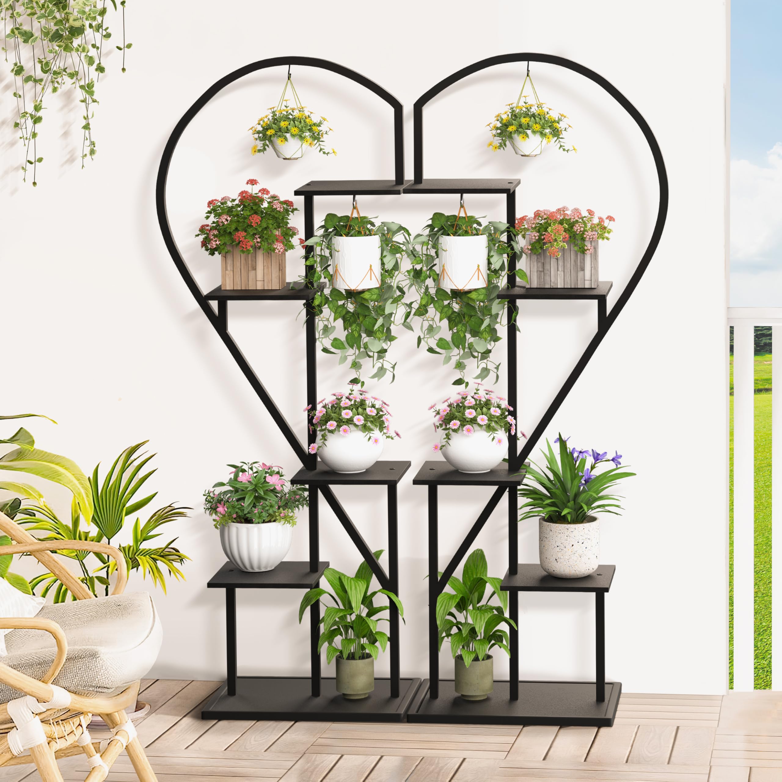 Ribelli 5-stufiger Metall-Pflanzenständer in Herzform 170 cm, Pflanzenregal mit 5 Ablagen & 4 Haken, Hoch Blumenständer Pflanzentreppe mit Kippschutz für Balkon Wohnzimmer Terrasse, Schwarz