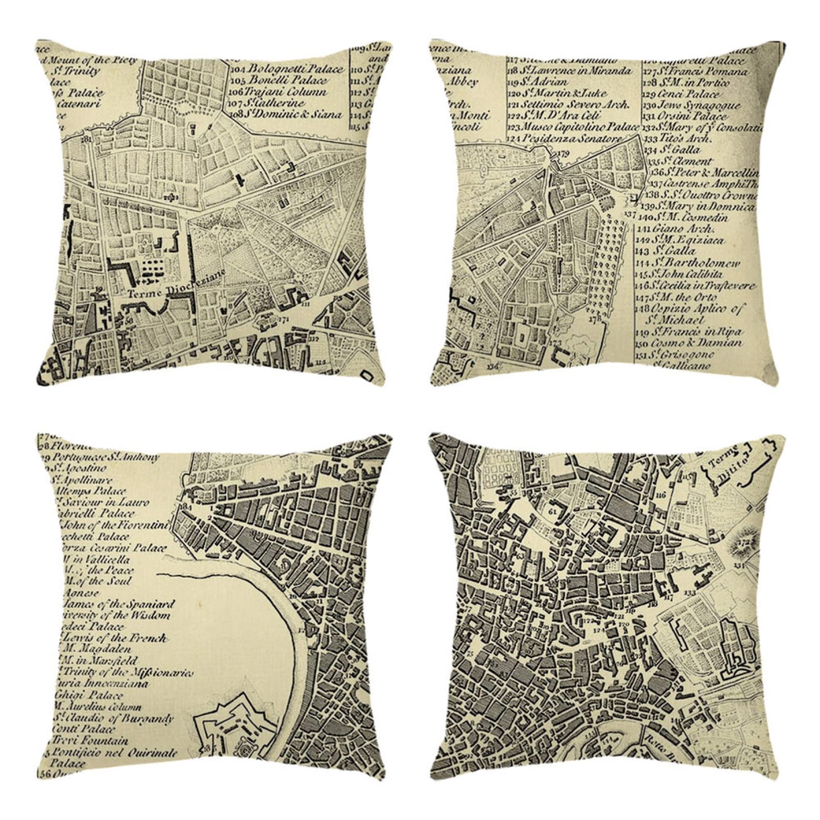 Zestaw 4 poszewek na poduszkę, retro charakter mapa poszewka na poduszkę lniana poszewka na poduszkę miękki poliester do domu salonu sofa ogród kanapa samochód (podwójny nadruk) 80 x 80 cm