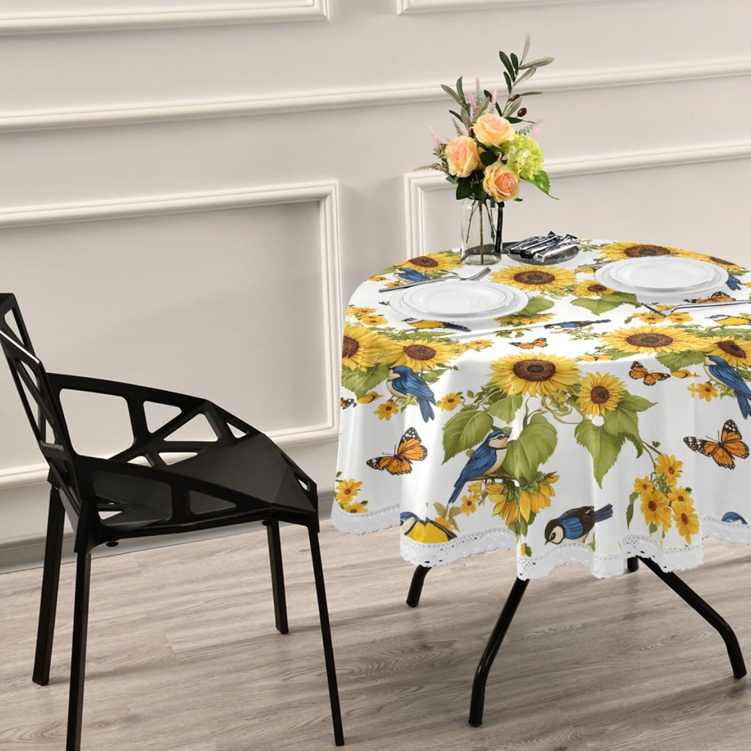 MNSRUU Round Tablecloth Sunflowers Floral Table Cover Round 60" Waterproof Table Protector for Outdoor Wedding Party Dining Room Table