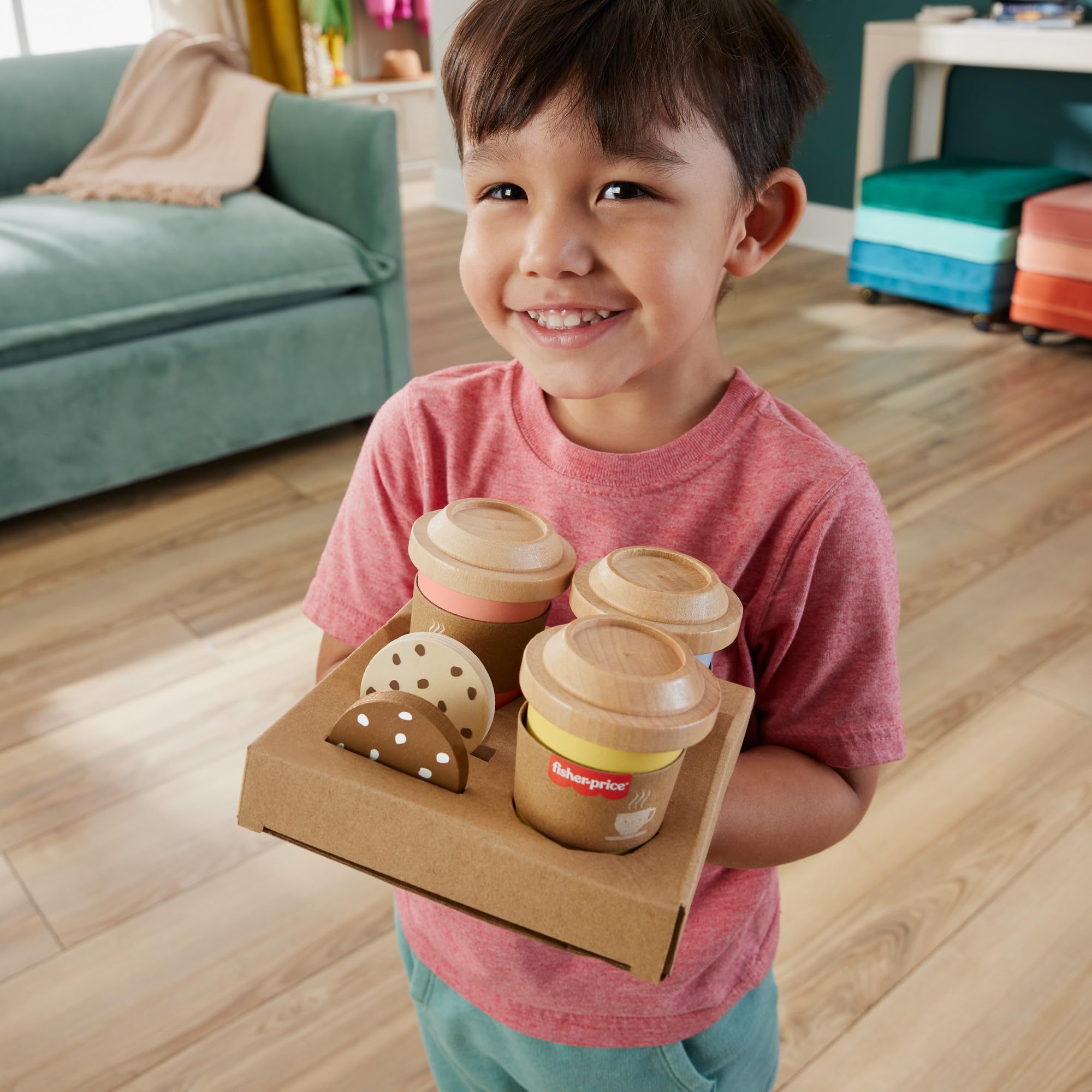 Fisher-Price Set de café para Llevar de Madera, Juguete de imitación con 15 Piezas Fabricadas en Material Certificado FSC, Juego Inspirado en Montessori, +3 años (HXT85)