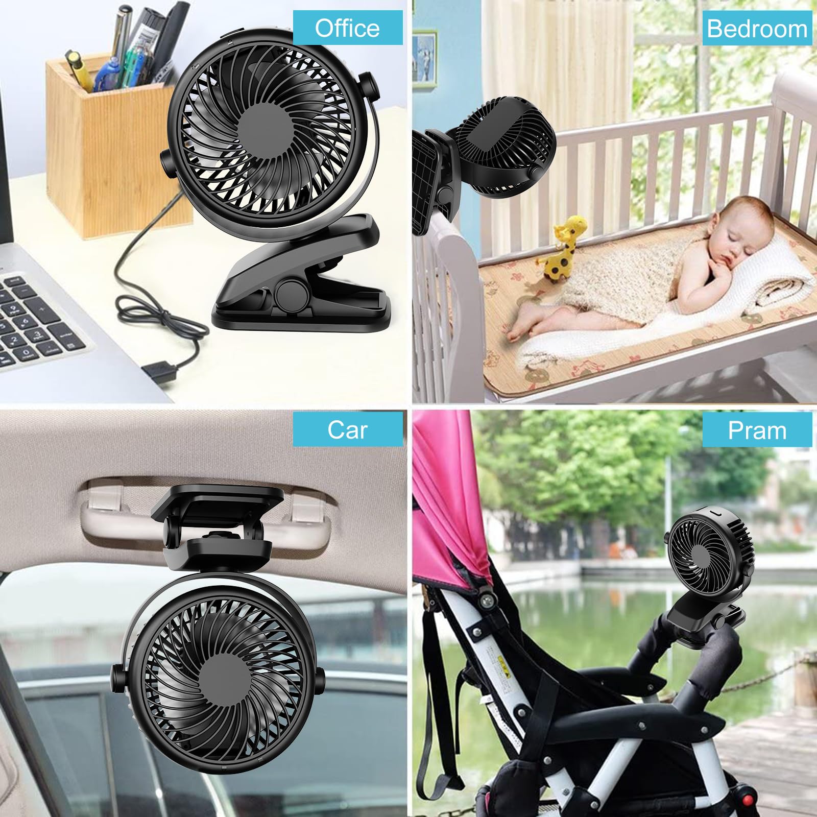 Mini ventilatore USB, ventilatore portatile silenzioso con batteria ricaricabile, 3 velocità, 360 velocità rotanti per camera da letto, ufficio, passeggino, campeggio