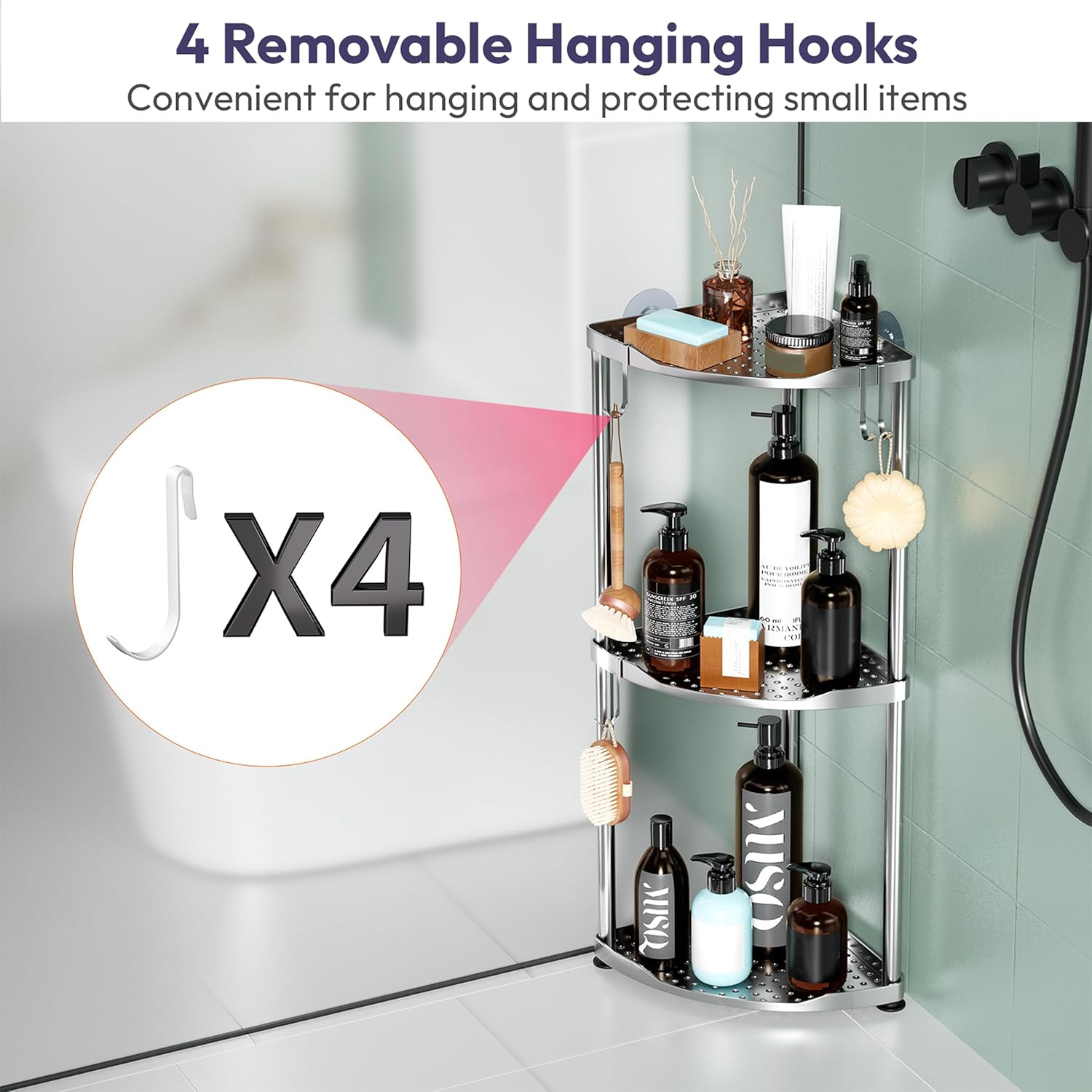 SWTYMIKI Corner Shower Caddy Standing - 3 Tier Stainless Steel Shower Organizer Stand, Large Capacity Floor Shelf with 4 Hooks, Rustproof Bathroom Storage Rack,Silver
