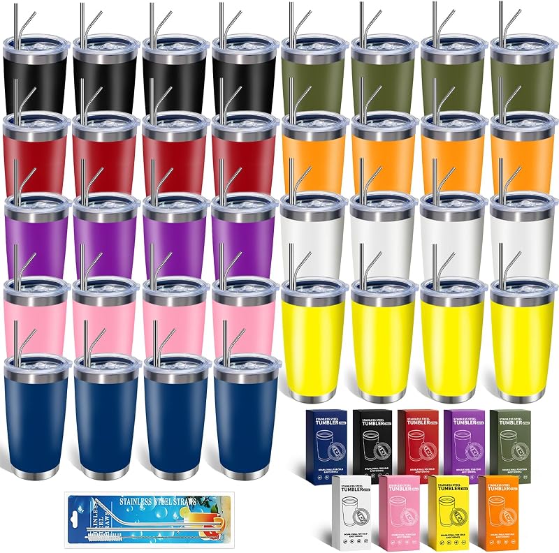 HAOLI 36 Pack, 20oz Stainless Steel Bulk Tumblers with Lids and Straws, Leakproof Double Wall Travel Mug for Hot/Cold Drinks, Home Office Outdoor Party, Durable Powder Coated Insulated Cup/Mix Color