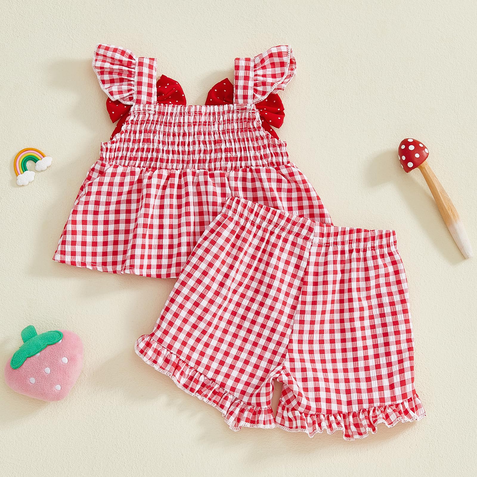 Toddler Baby Girl Summer Clothes Infant Girl Plaid Outfit Strawberry Ruffle Gingham Shirts Dress Tank Top Shorts Set — view 5