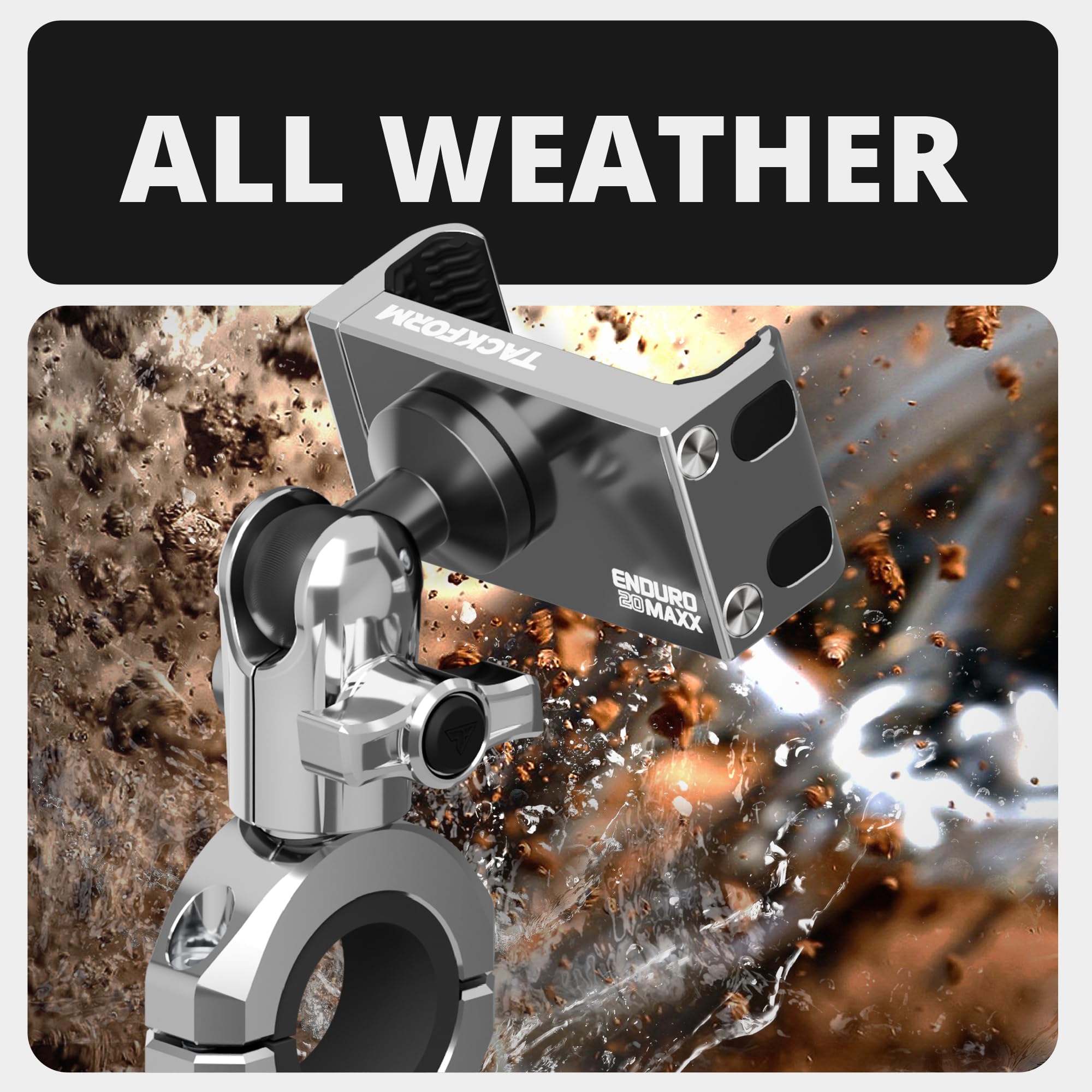 Tackform Chrom-Motorrad-Handyhalterung komplett aus Metall, 20MAXX Federhalterung, Universalklemme für Lenker mit 3,2 cm bis 3,8 cm, Durchmesser, Aluminium, für iPhone, Galaxy, kurze Reichweite
