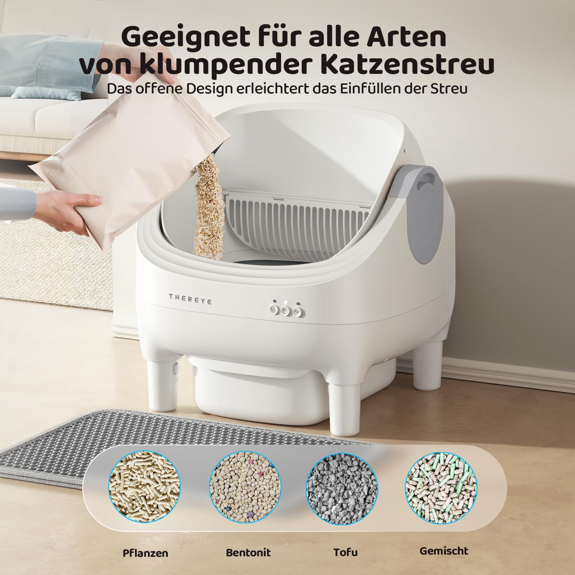 Thereye Selbstreinigende Katzentoilette XXL Kapazität,Katzenklo Selbstreinigend Offenes mit App-Steuerung,Sicherheitssensor,Geruchsbeseitigung,Sicherer Einklemmschutz,10L Mülleime für mehrere Katzen