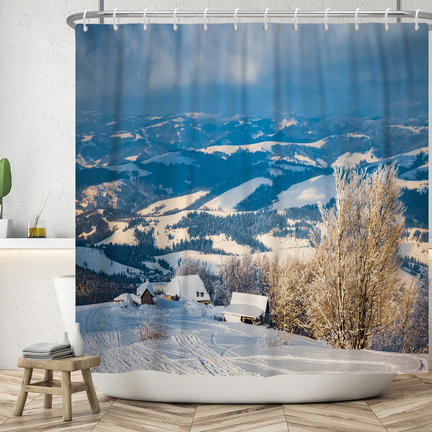 ASDCXZ Landscape Shower Curtain 90x180 cm, Natural Winter Snow Landscape Mountain Village Corrupted Tree Washable Shower Curtains Polyester Textile Waterproof Bath Curtain for Bathtub with 6 Hooks โ image 1