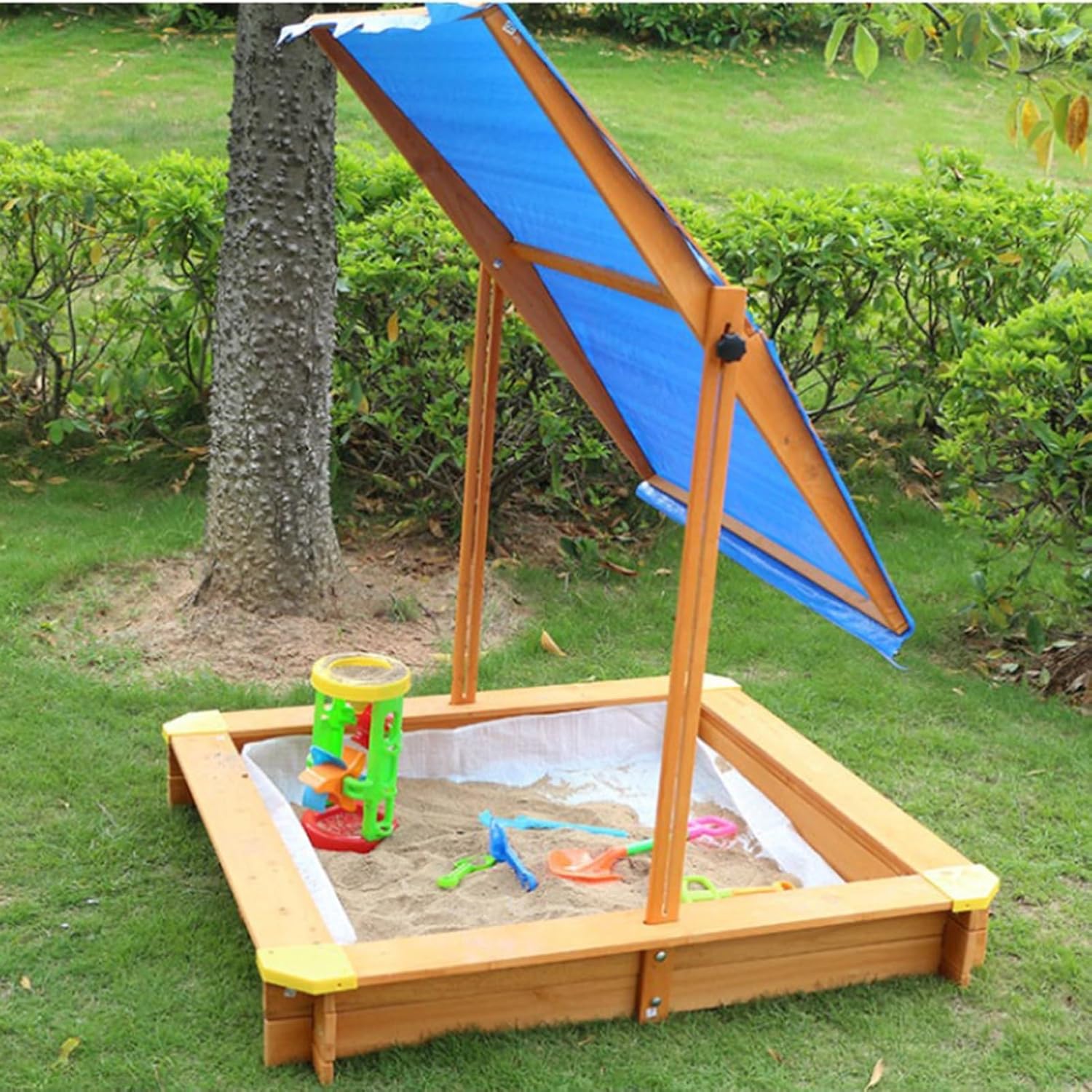 Wooden Sandbox, Covered Sand Playset Outdoor, with Adjustable Canopy Shade, Aged 3-8 Years Old, for Backyard, Beach Sand Pit