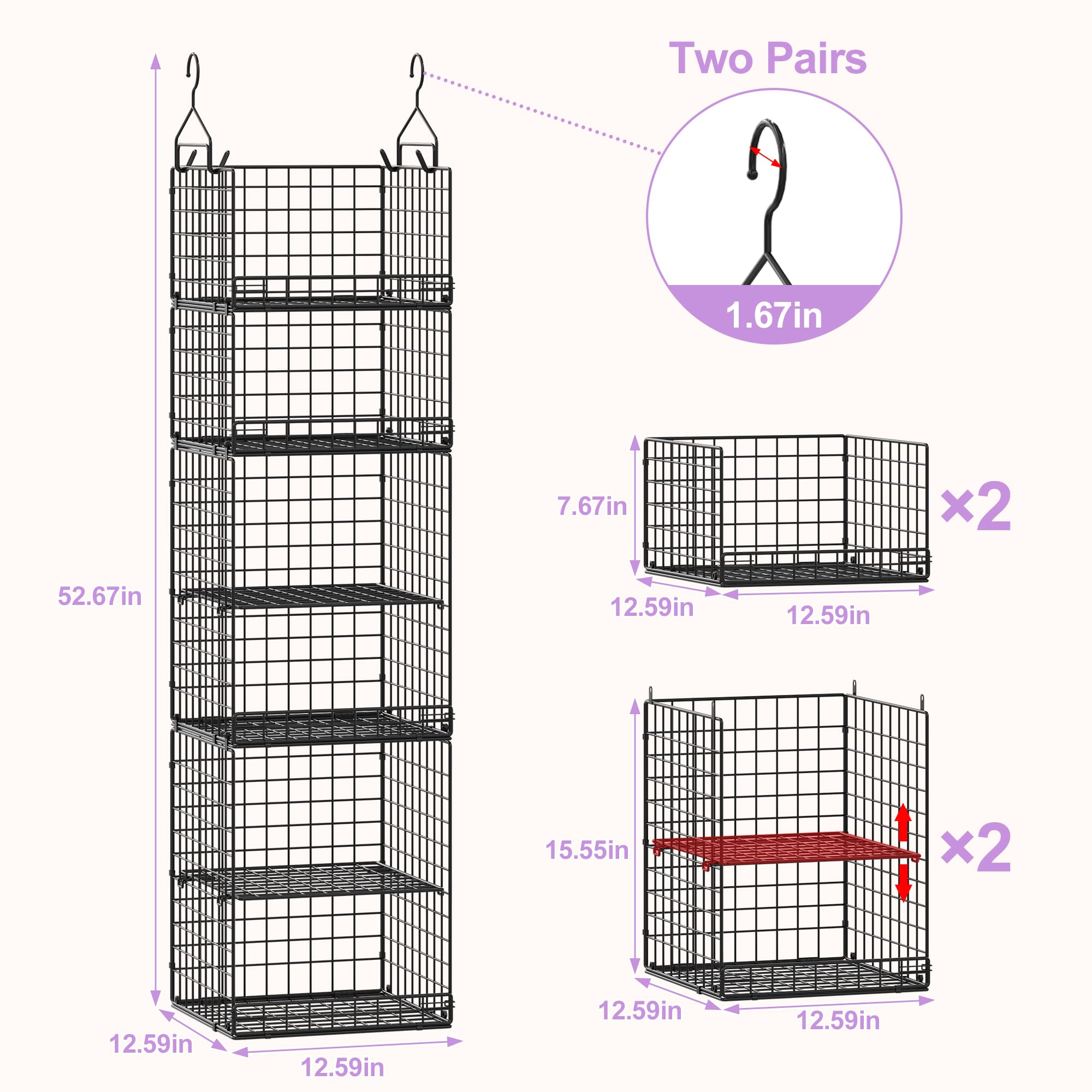 6 Tier Hanging Closet Organizers and Storage Stackable Hanging Closet Shelves with 4 Hooks 2 Adjustable Dividers, Wire Storage Basket Bins for Clothing Purse Sweaters Shoes Socks Dolls, Foldable: 5-Tier Black