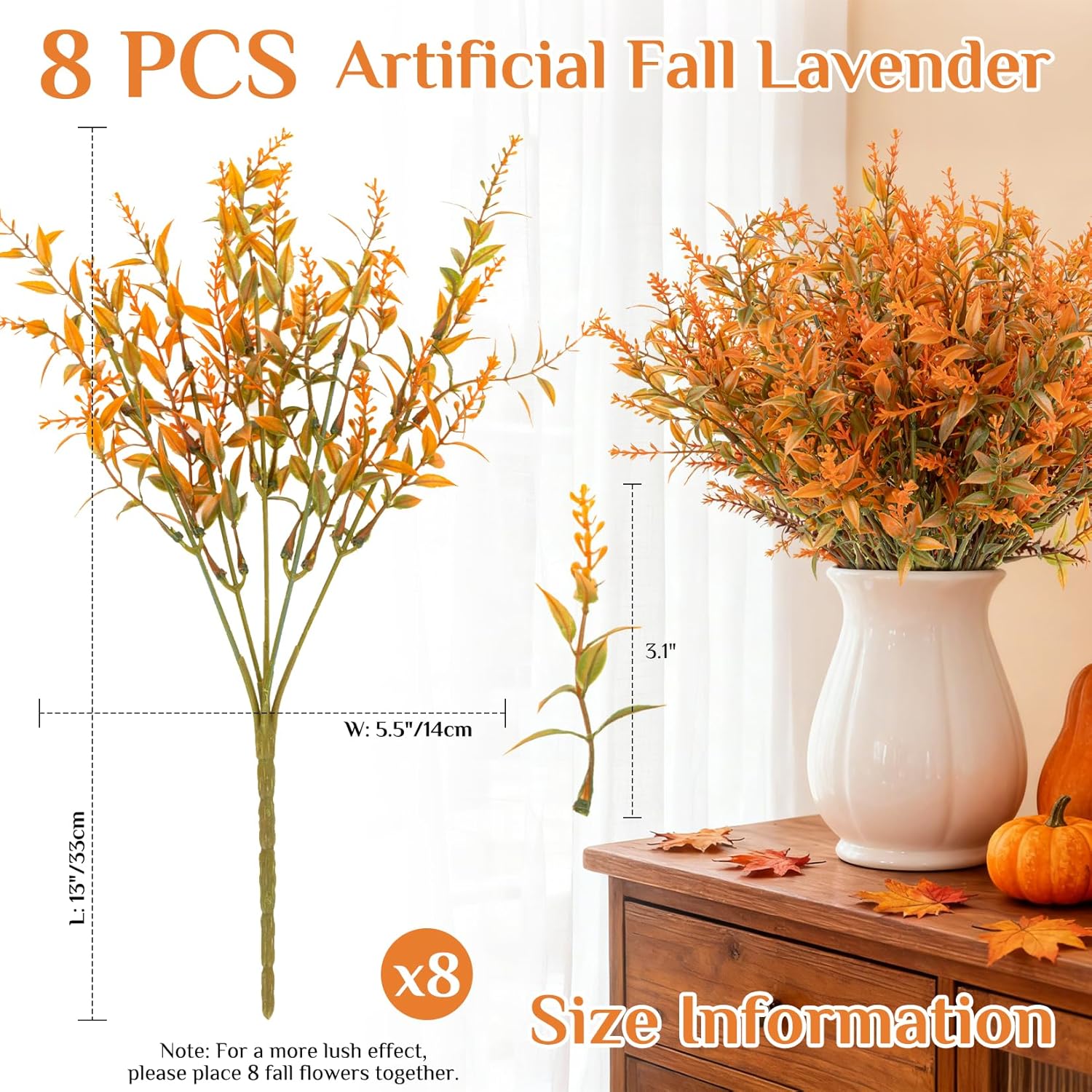 Thanksgiving Artificial Fall Flowers for Outdoors - 8PCS Faux Flowers for Outdoor Planters, UV-Resistant Artificial Outdoor Lavender Flowers for Vase Table Garden Wedding Decor(Orange Green) - Image 2