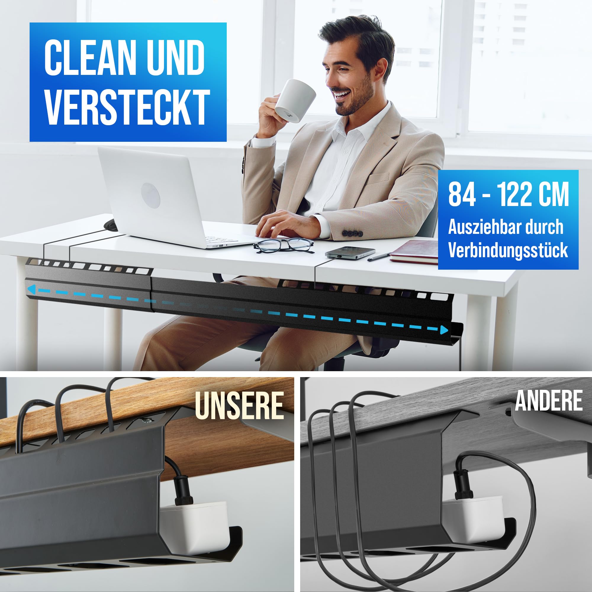 2GOODz Kabelkanal für Schreibtische 84-122 cm ausziehbare Kabelhalterung legierter Stahl