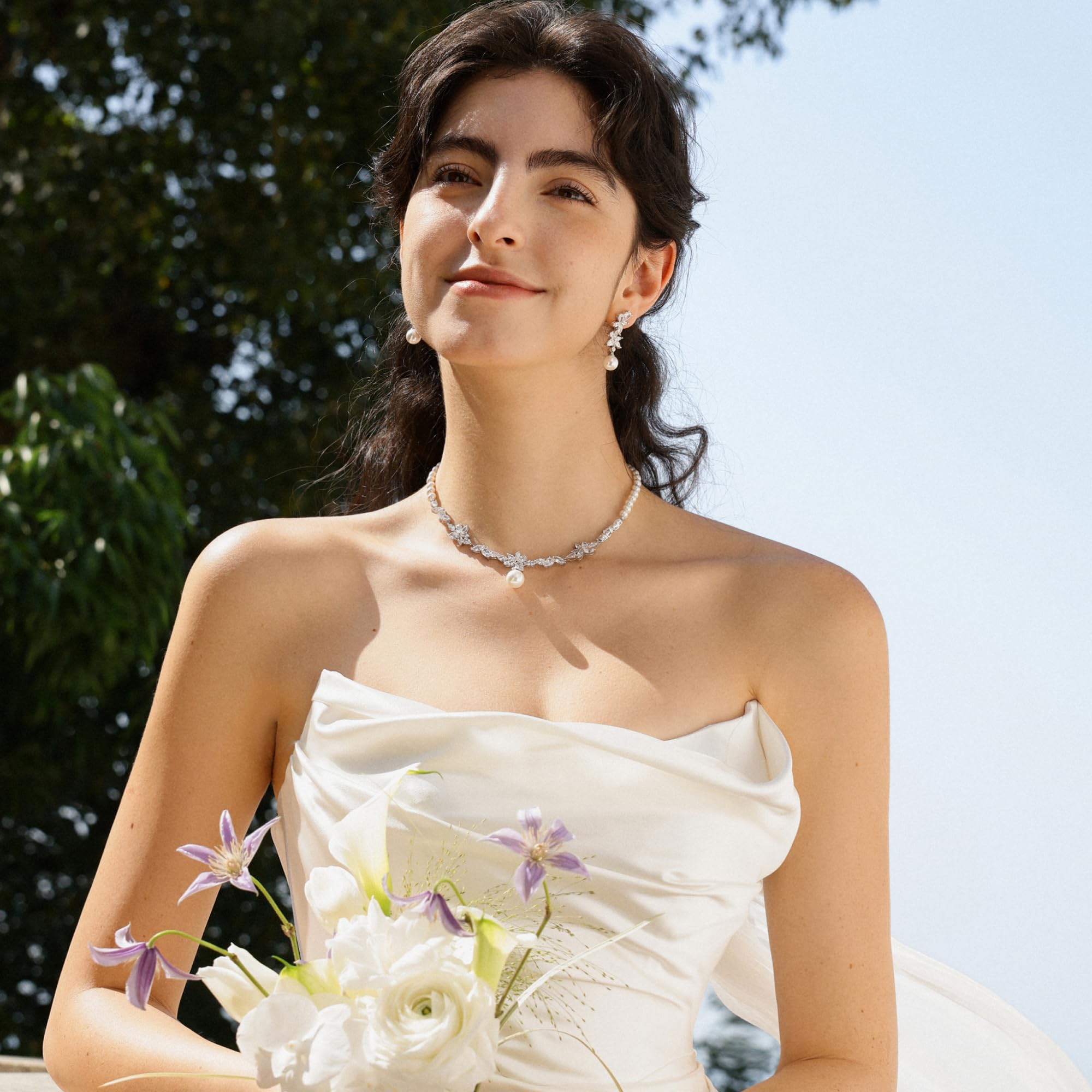 FANCIME Wisteria Glyzinie Kollektion Schmuck Damen Sterlingsilber Kette mit künstlichem Diamant in Blumenform Hochzeitstag Geburtstag Anhänger Armband Ohrringe Geschenke für Ehefrau Frauen Braut Sie