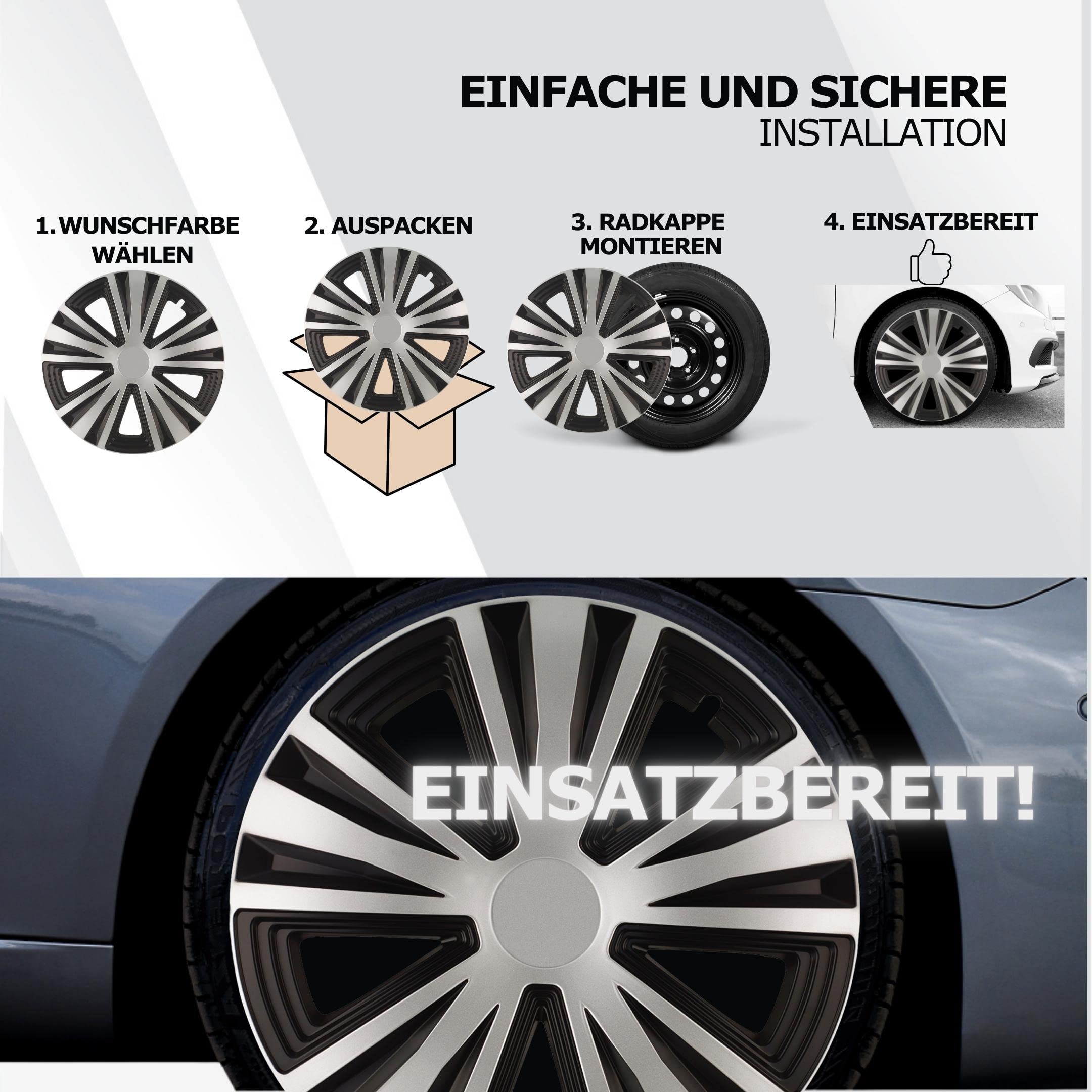 Kuglo G-Night Radkappen 14 Zoll Silber/Schwarz, 4er-Set für Stahlfelgen | Schlagfester, witterungsbeständiger Kunststoff mit Metallspannring und werkzeugloser Clip-Montage