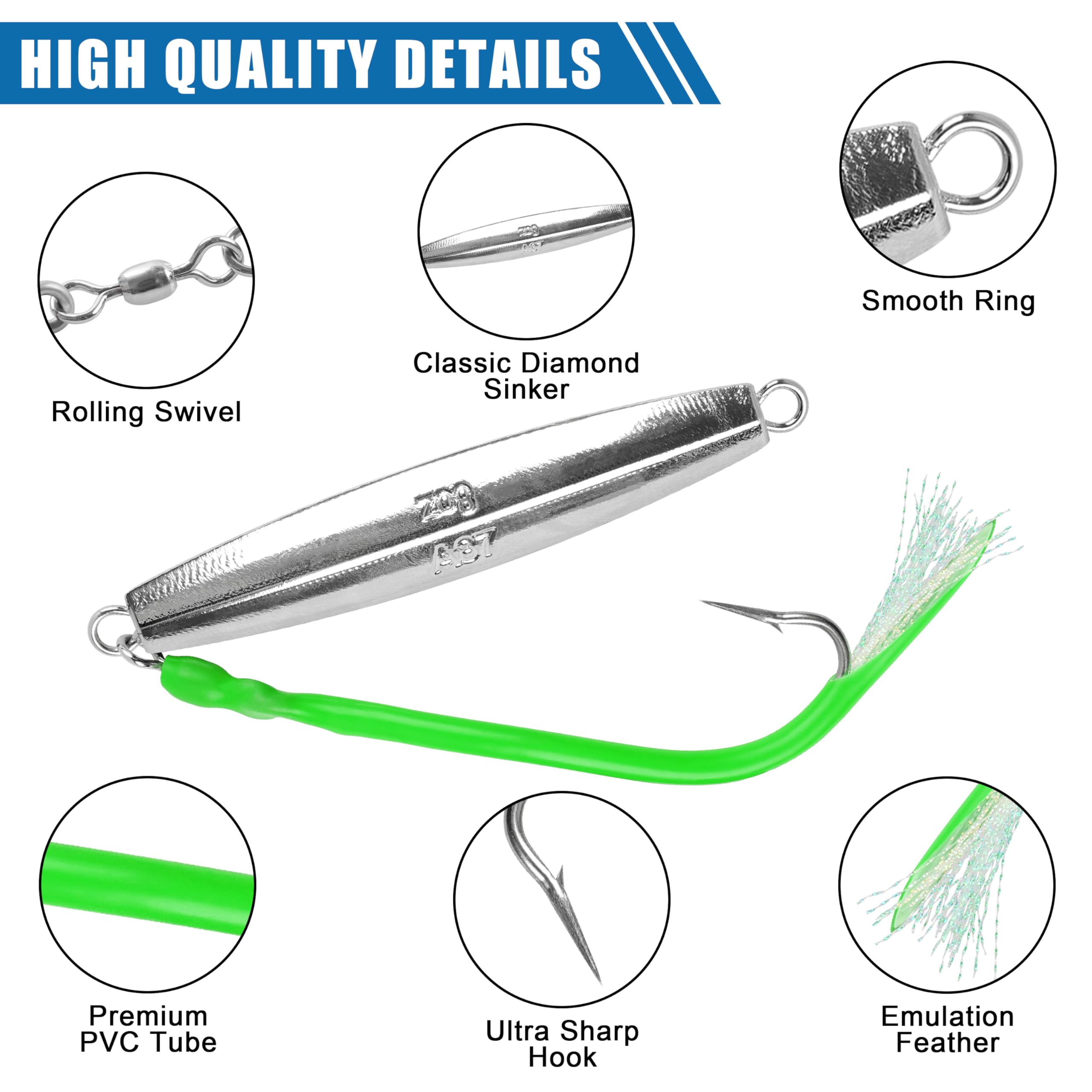 Diamond Jigs, esche da pesca in acqua salata, cucchiaio da jigging con coda a tubo diviso, gancio in acciaio inox, esche per pesca in mare profondo, offshore, pesca sul fondo