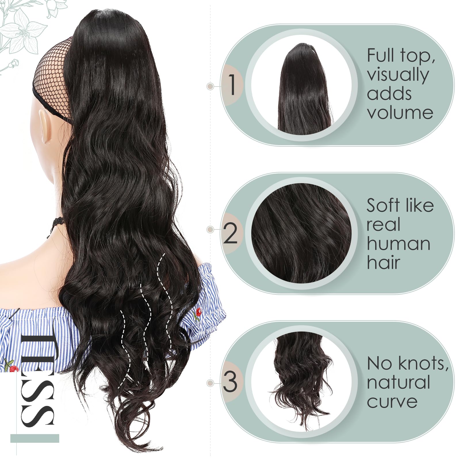 TESS Wavy Ponytail Extension, Drawstring Clip in Ponytail Hair Extensions, Long Hair Extensions, 24 Inches 160g, Natural Black - Image 3