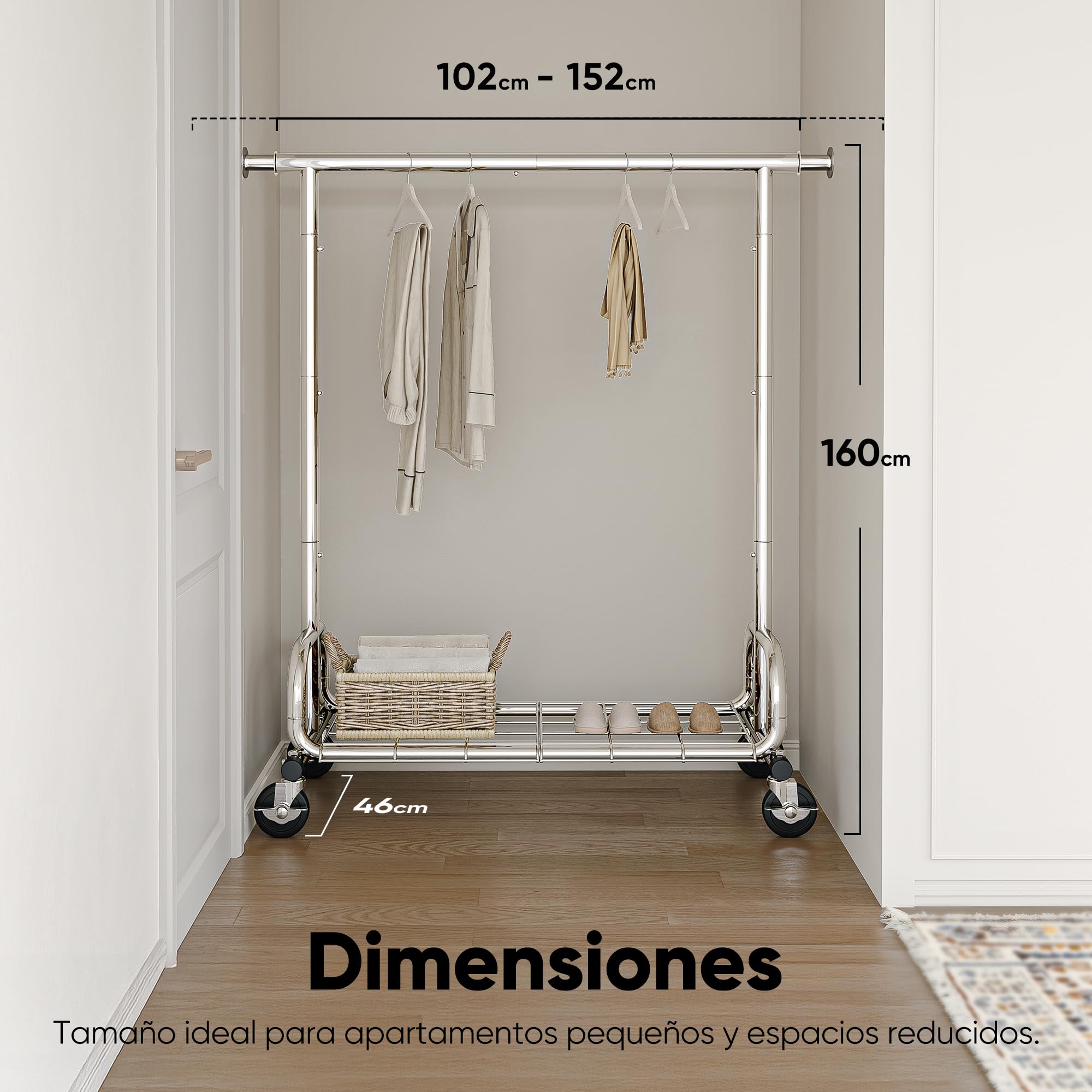 HOKEEPER Burro de Ropa Resistente 136kg, Barra Extensible con Ruedas Bloqueables y Estante, Ahorra Espacio para Dormitorio, Apartamento Pequeño, Lavandería, Plateado