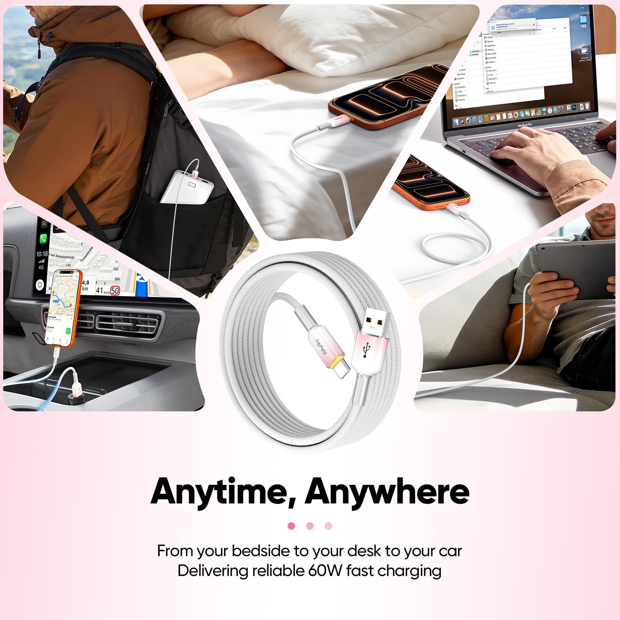 Confezione da 5 cavi USB C da 4,6 m, ricarica rapida da 60 W e trasferimento dati USB 2.0 da 480 Mbps, cavo USB C intrecciato bianco rosa sfumato, cavo di tipo C per iPhone 17/16/15, Samsung Galaxy