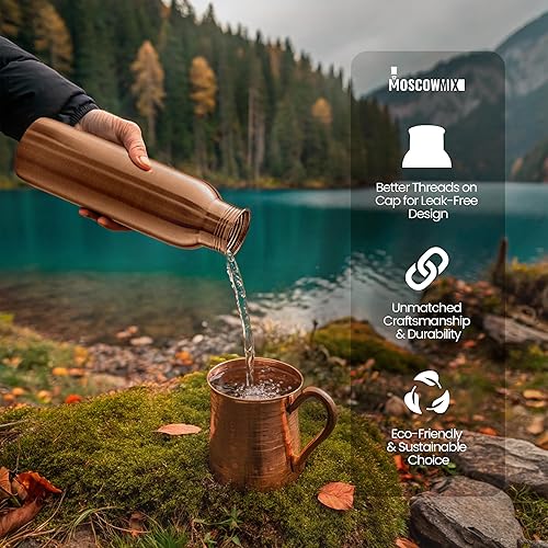 Miniatura 7 de Moscow-Mix Botella de agua de cobre puro para beber, 34 onzas, grande, ayurvédica, 100% probada en laboratorio, tapa a prueba de fugas, recipiente