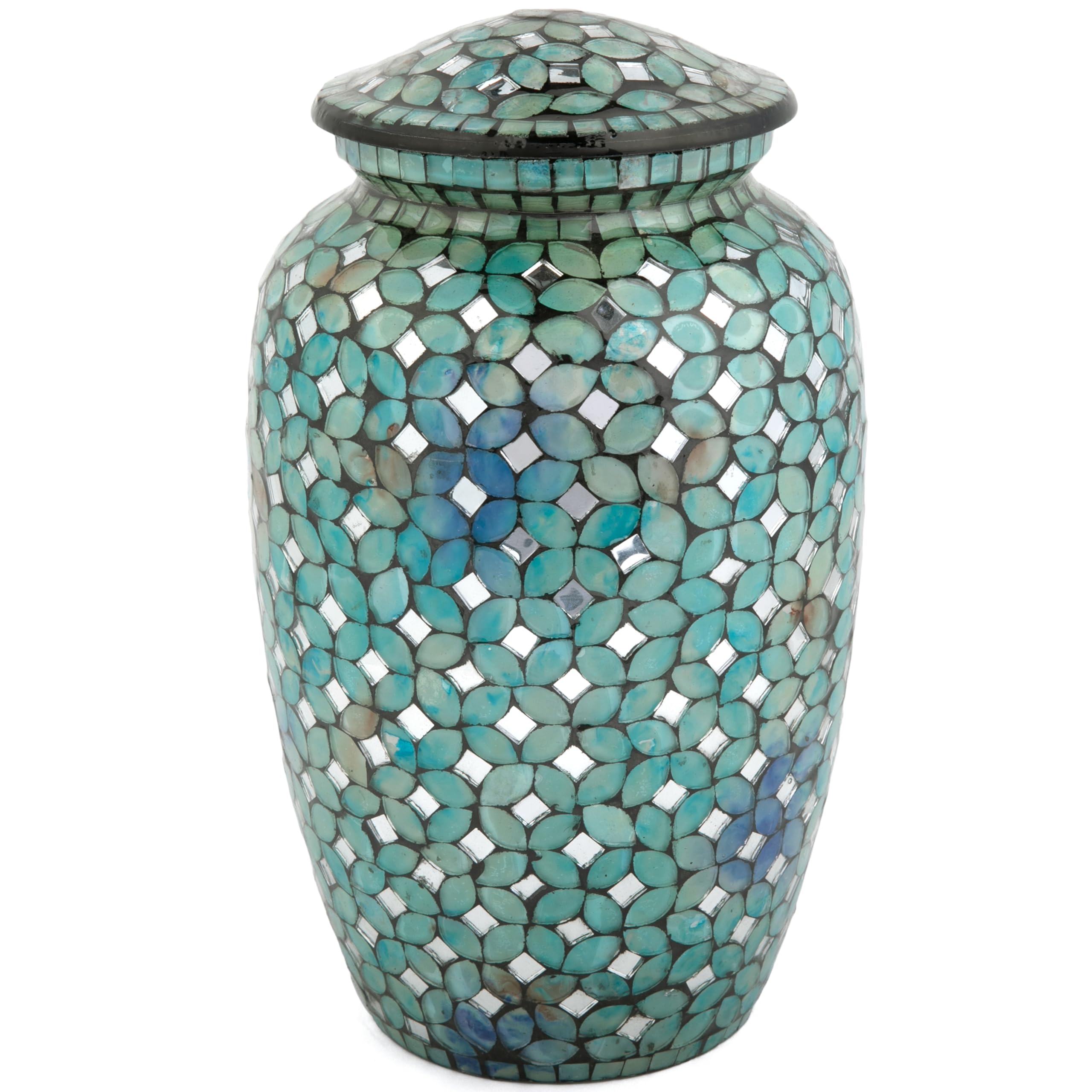 Mosaic Glass Cremation Urn - Hand Made Funeral Urn for Human Ashes - Large Adult Size Burial Urn - Aluminum with Hand applies Individual Tiles Create a one of a Kind Work of Art - 200 cu in (Blue)