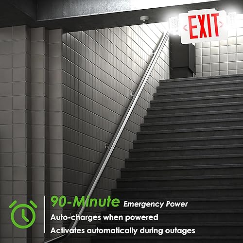 Miniatura 3 de GRUENLICH Letrero de salida combinado LED, luz de emergencia con 2 cabezales ajustables y doble cara, baterías de respaldo, letra roja estándar de