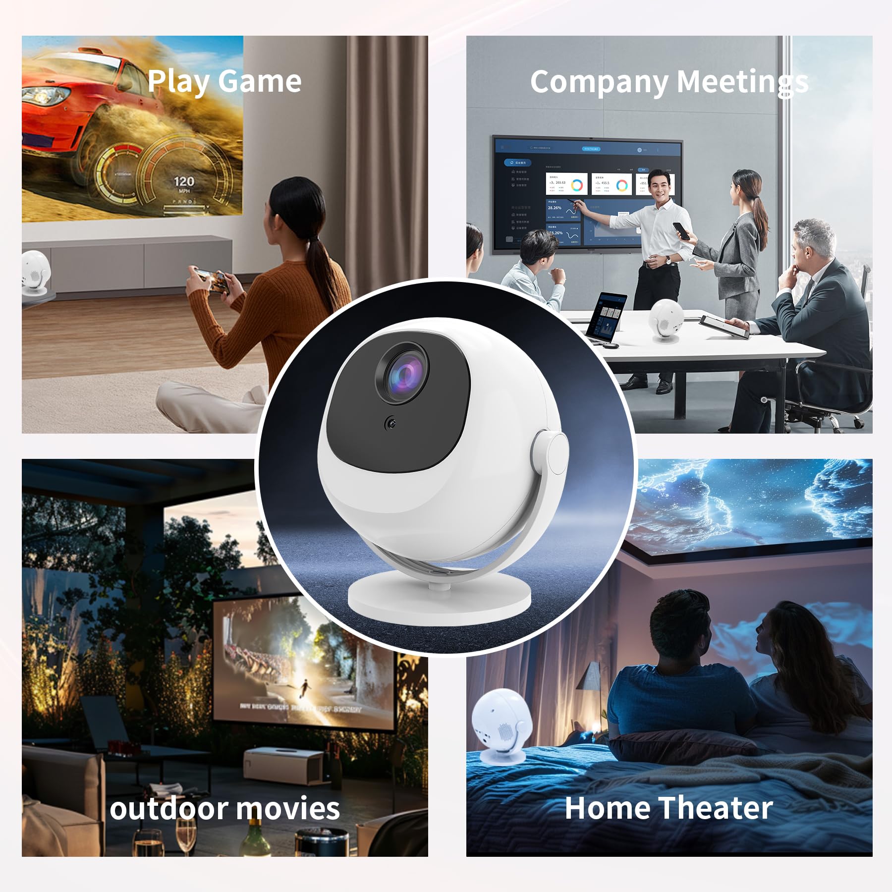 [App integrata e messa a fuoco automatica] Proiettore intelligente, mini proiettore portatile con supporto 4K con rotazione a 360°, 12000 lumen, WiFi e Bluetooth, display LCD, proiettore a soffitto