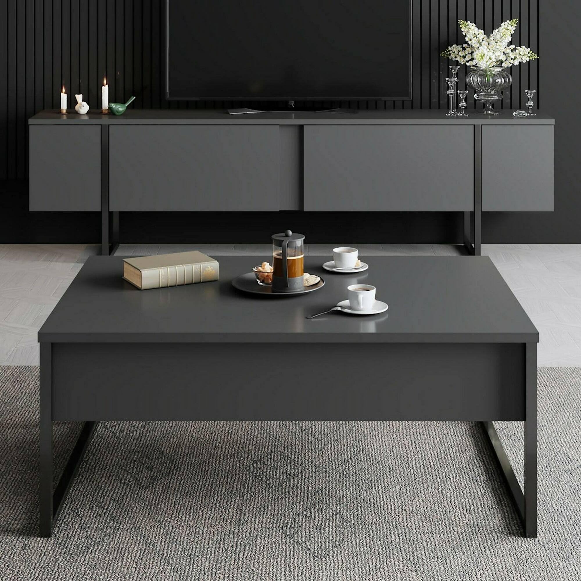 Dmora Tavolino da Salotto Canis, Tavolo Basso da caffè, Portariviste per Divano, Ripiano da Soggiorno, 90x60h40 cm, Antracite e Nero