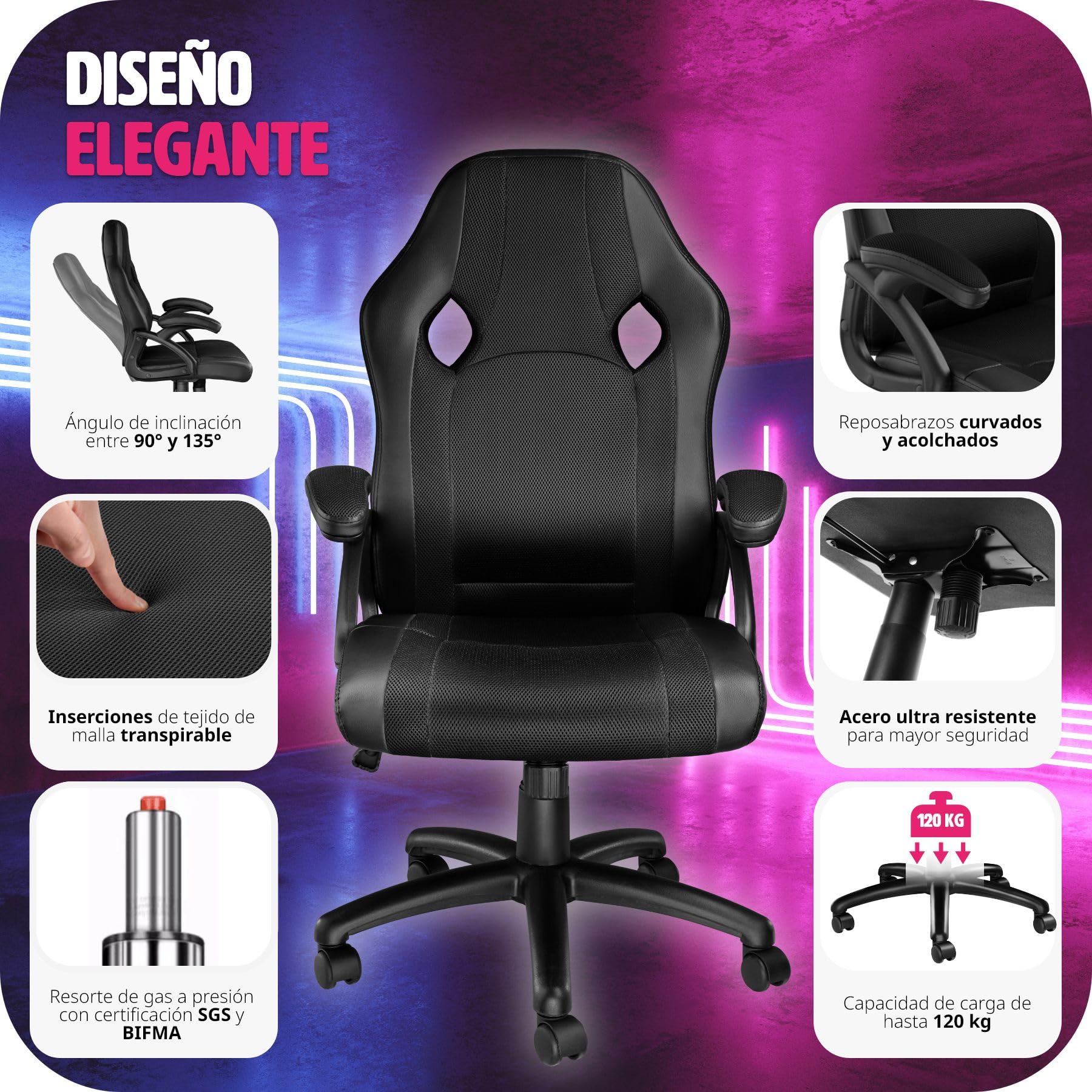 tectake® Silla Ergonómica Gaming, Silla de Estudio con Reposabrazos Ajustables, Mecanismo Basculante, Amortiguador de Gas, Giro de 360°, Office Chair, Acolchado Grueso, Gaming Setup - Negro/Negro